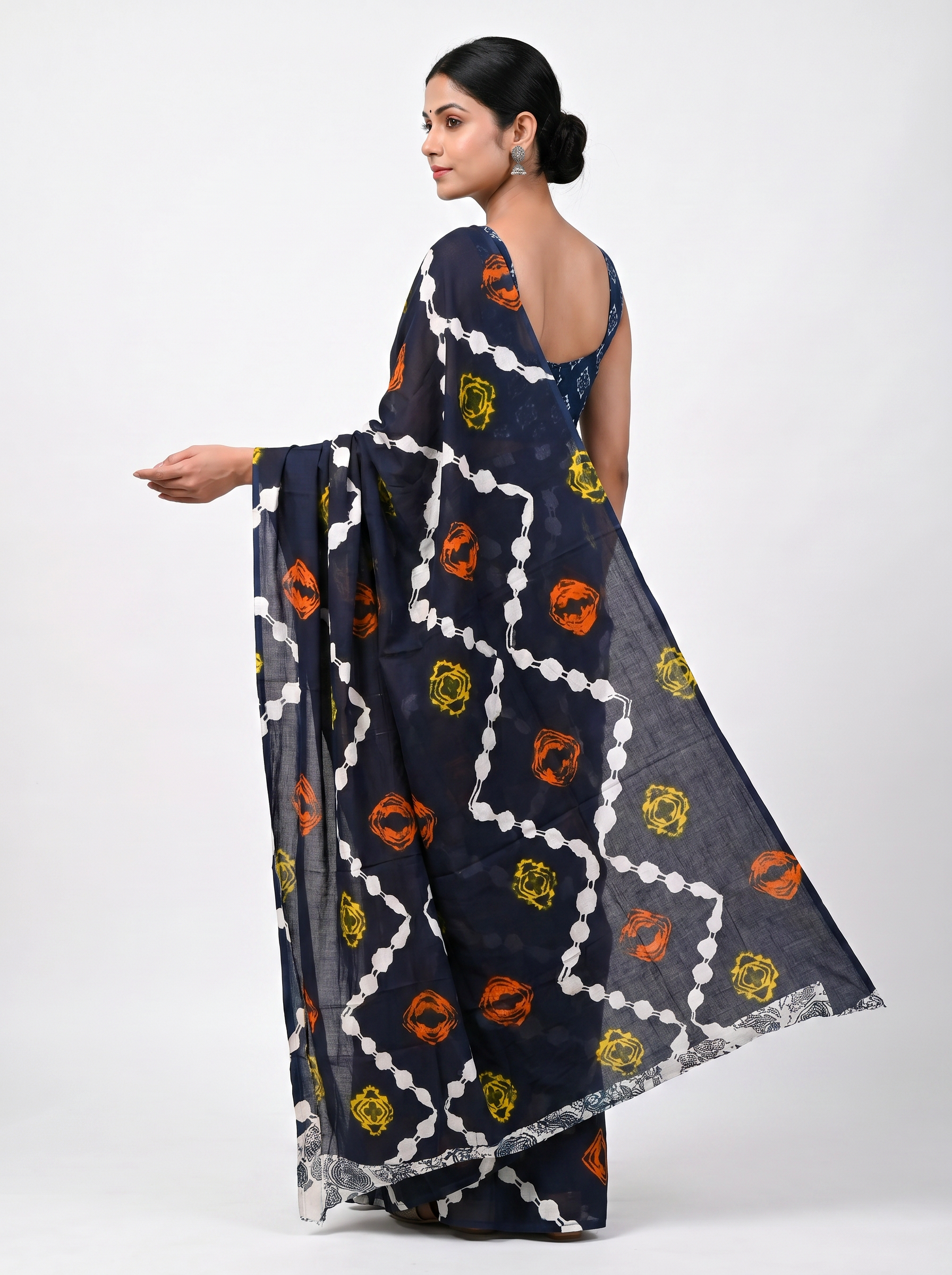 Pure Mulmul Cotton Saree | Ink Blue + Ochre + Black Handblock Print | Summer & Office Wear | With Blouse image 4