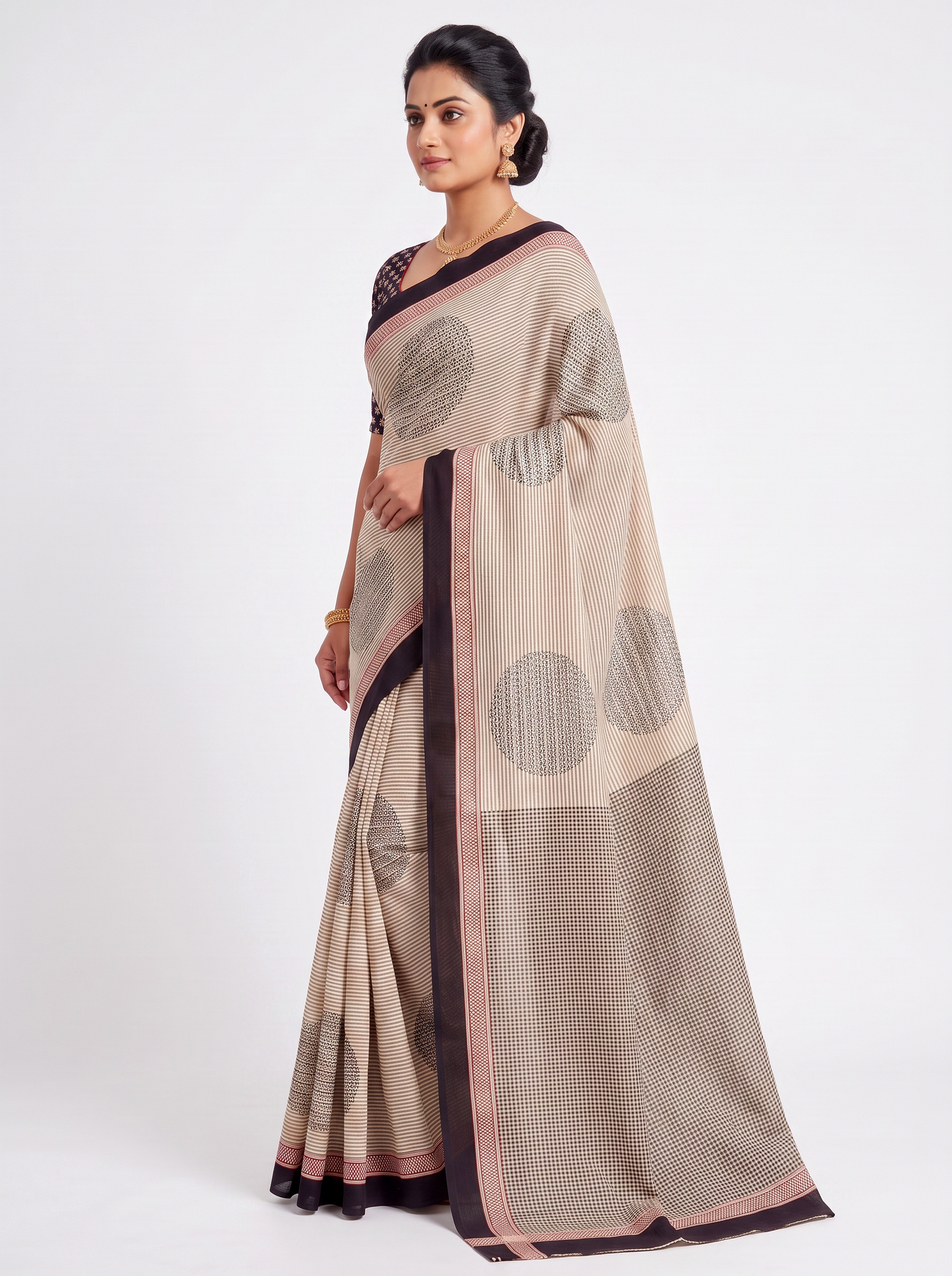 Peach Beige Multi Colour Self Design Mulmul Saree with Blouse - view 2