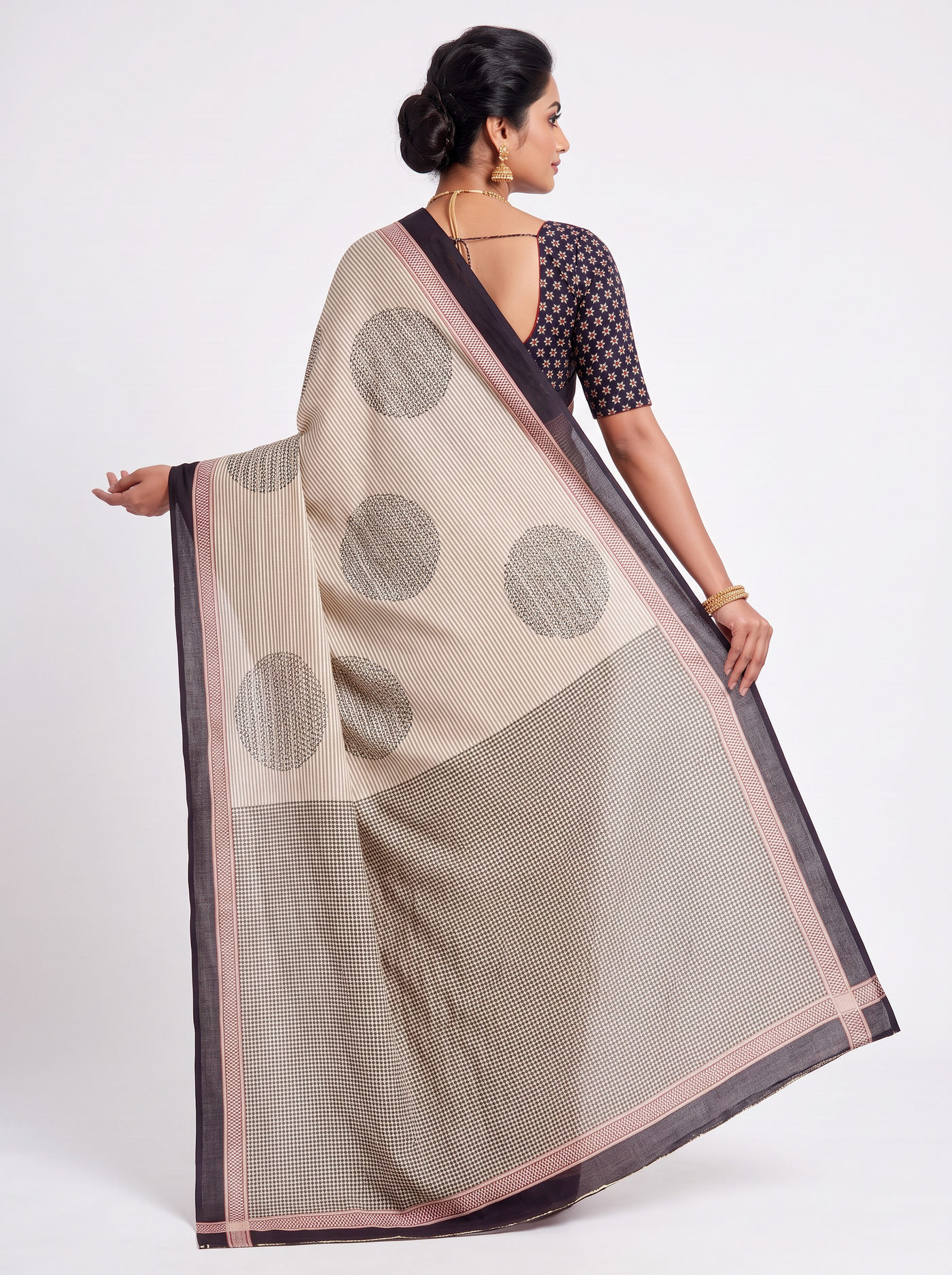 Peach Beige Multi Colour Self Design Mulmul Saree with Blouse - view 4