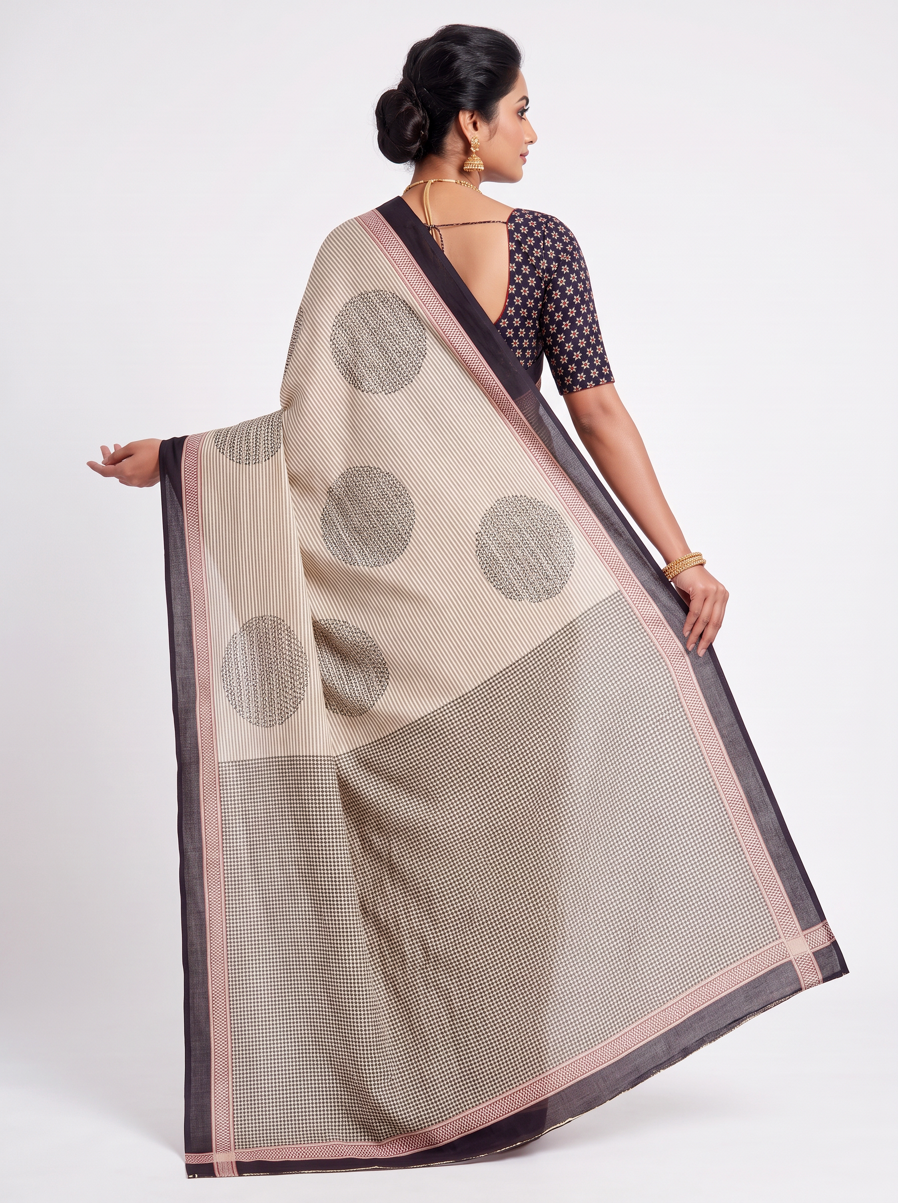 Peach Beige Multi Colour Self Design Mulmul Saree with Blouse - view 4