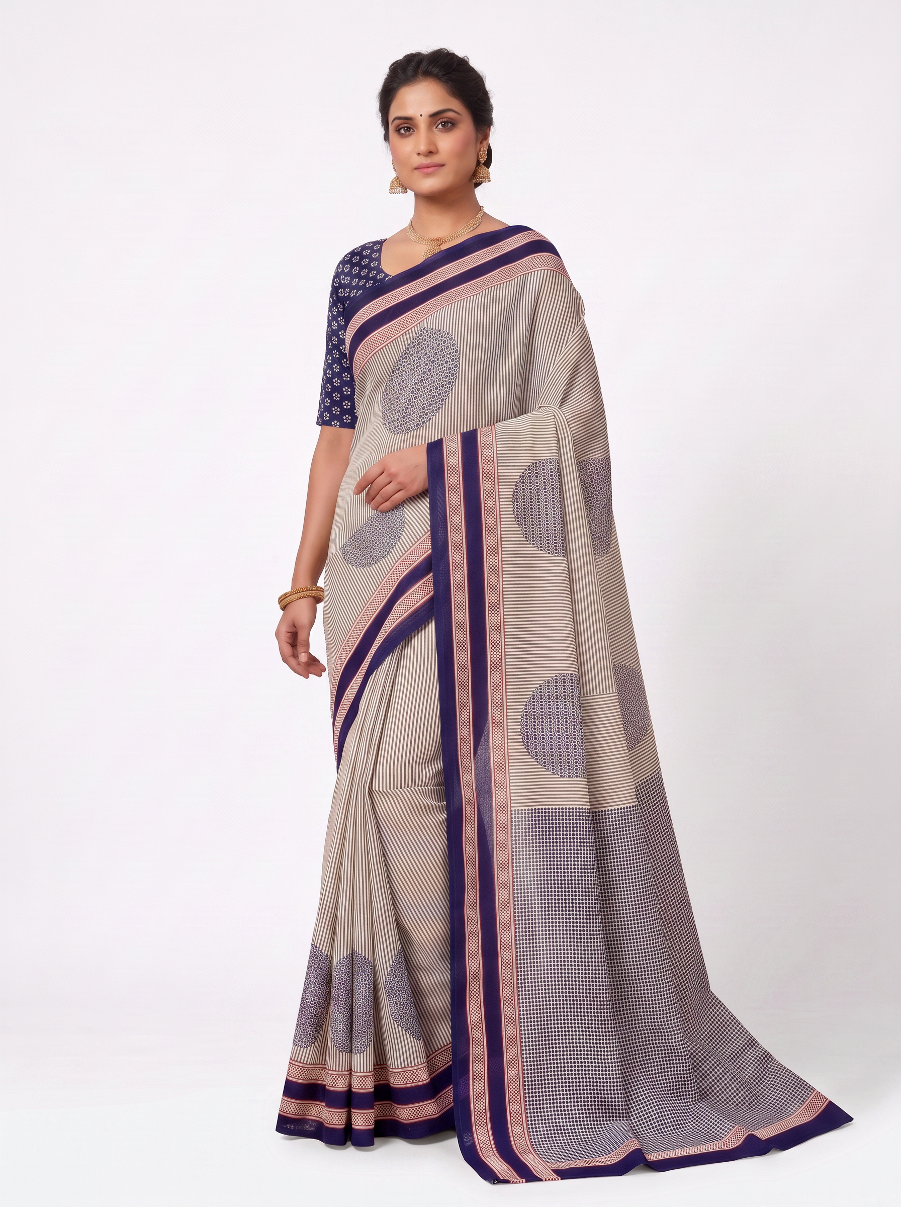 Plum, Burnt Orange & Grey Self Design Mulmul Saree with Blouse