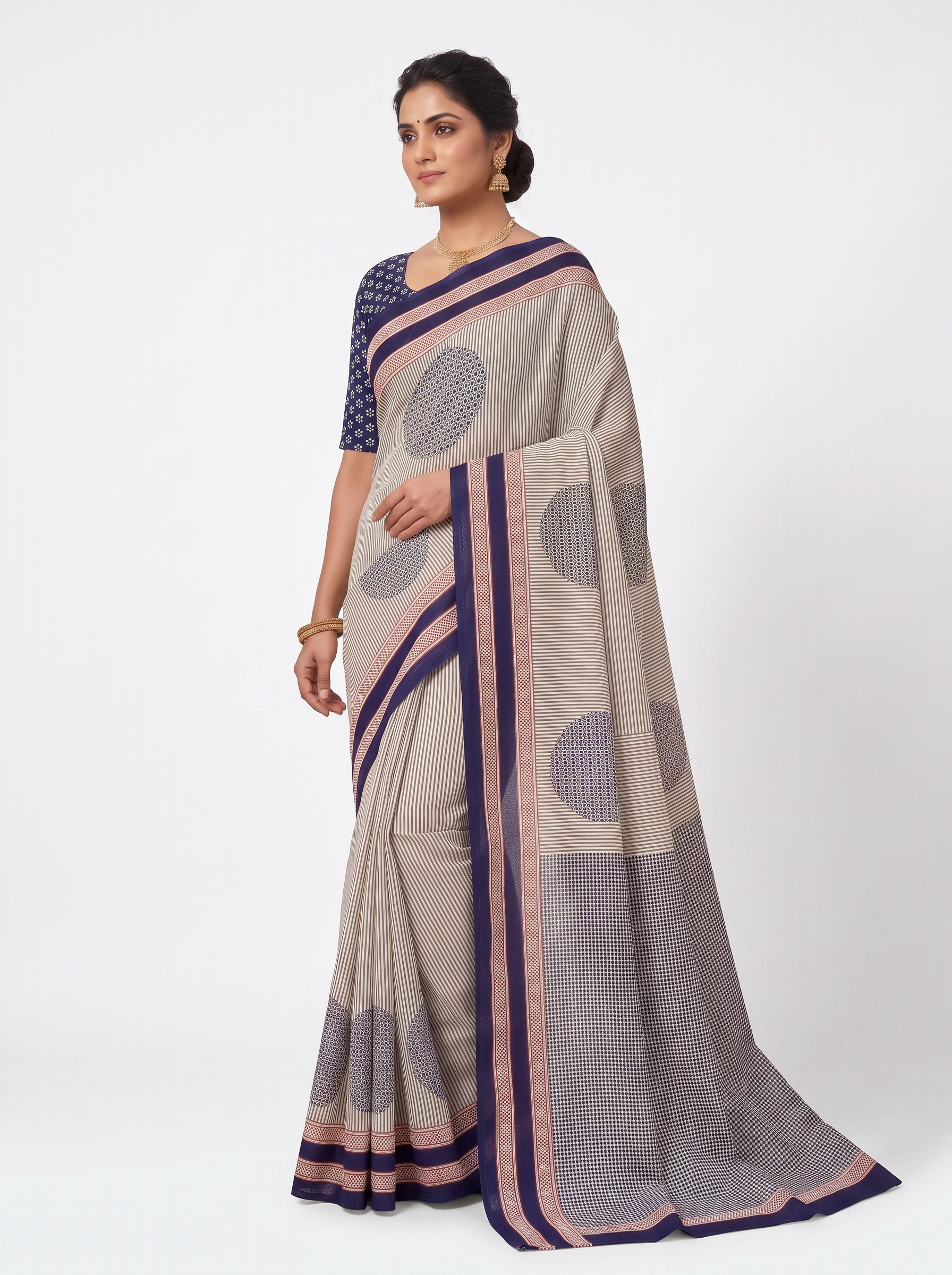 Plum, Burnt Orange & Grey Self Design Mulmul Saree with Blouse - view 2