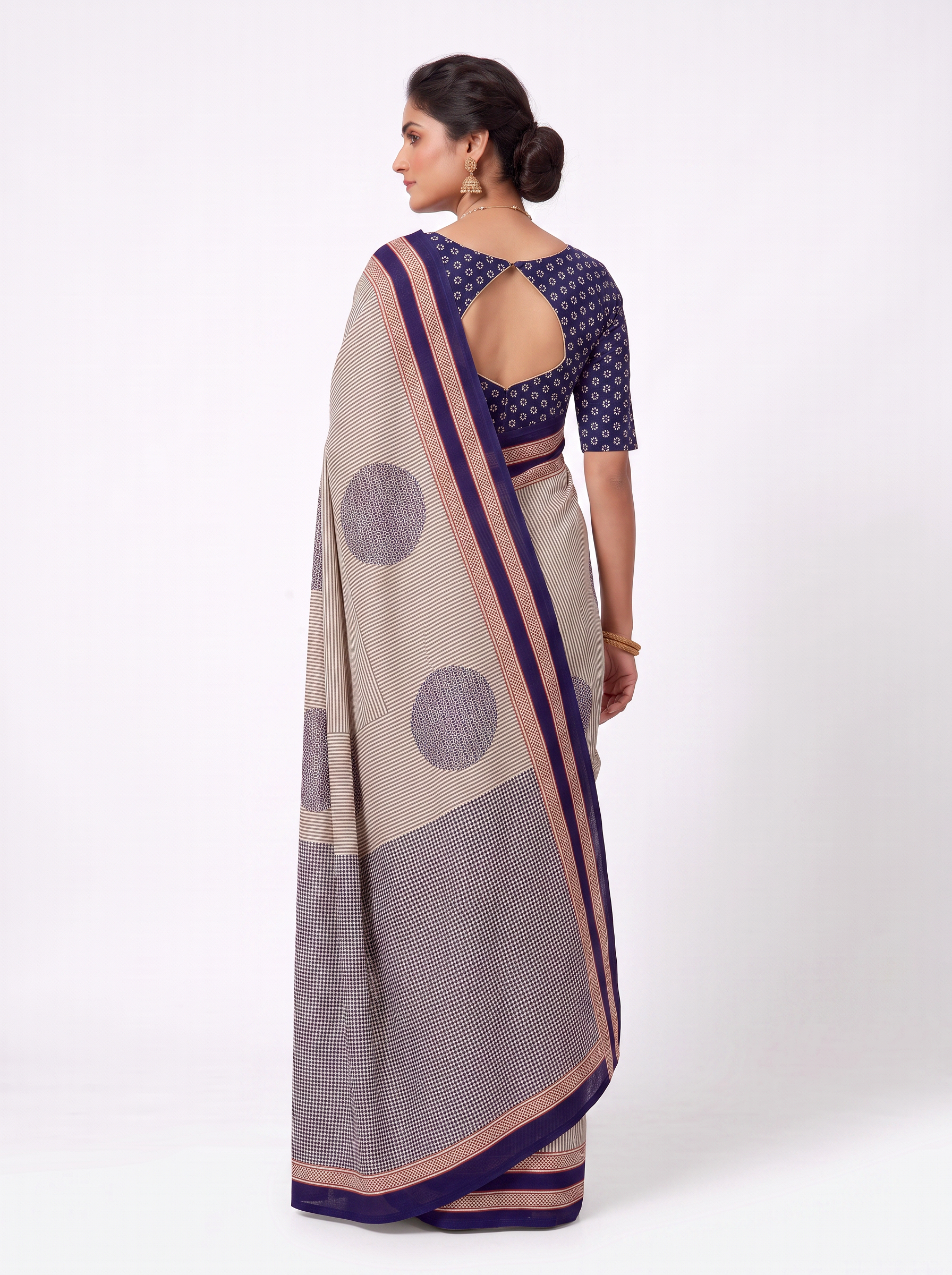 Plum, Burnt Orange & Grey Self Design Mulmul Saree with Blouse - view 3