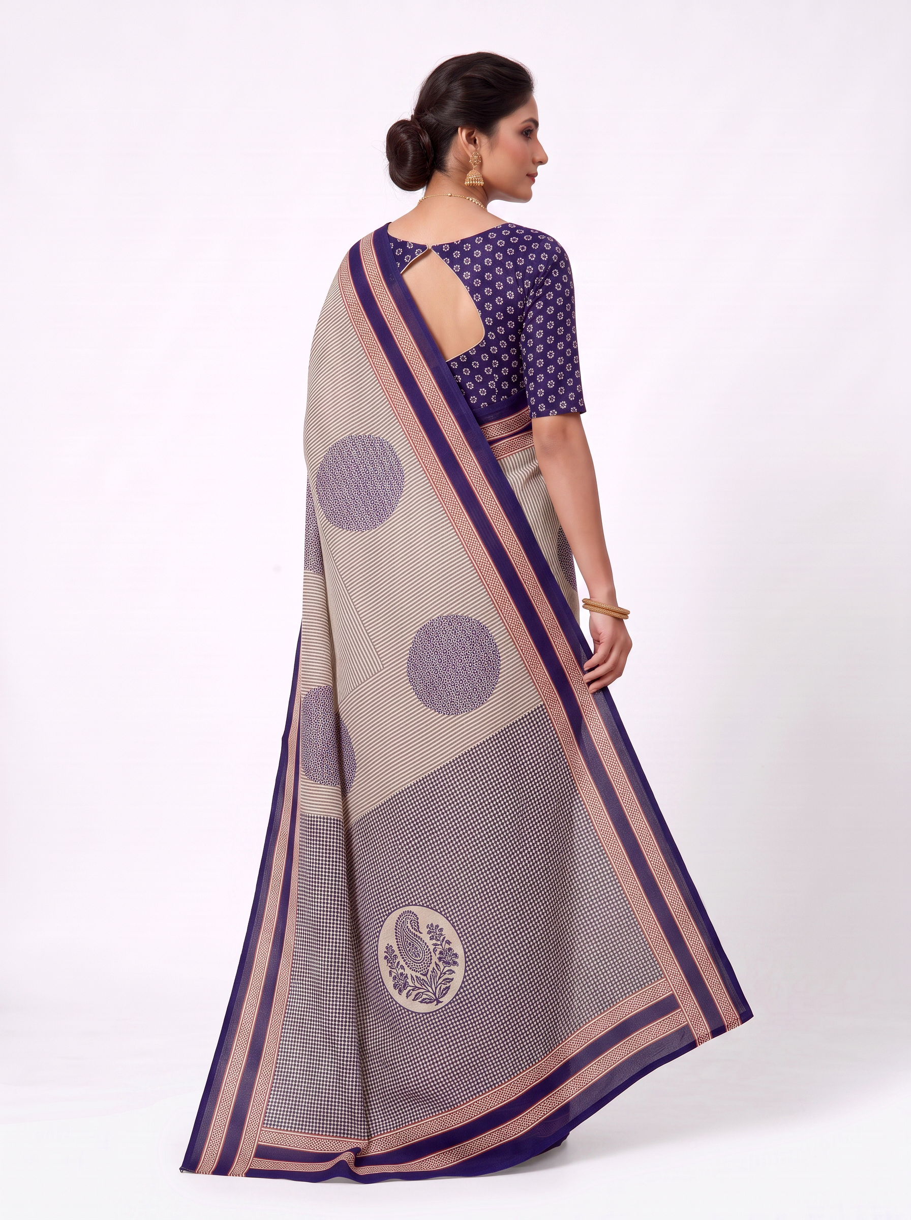 Plum, Burnt Orange & Grey Self Design Mulmul Saree with Blouse - view 4