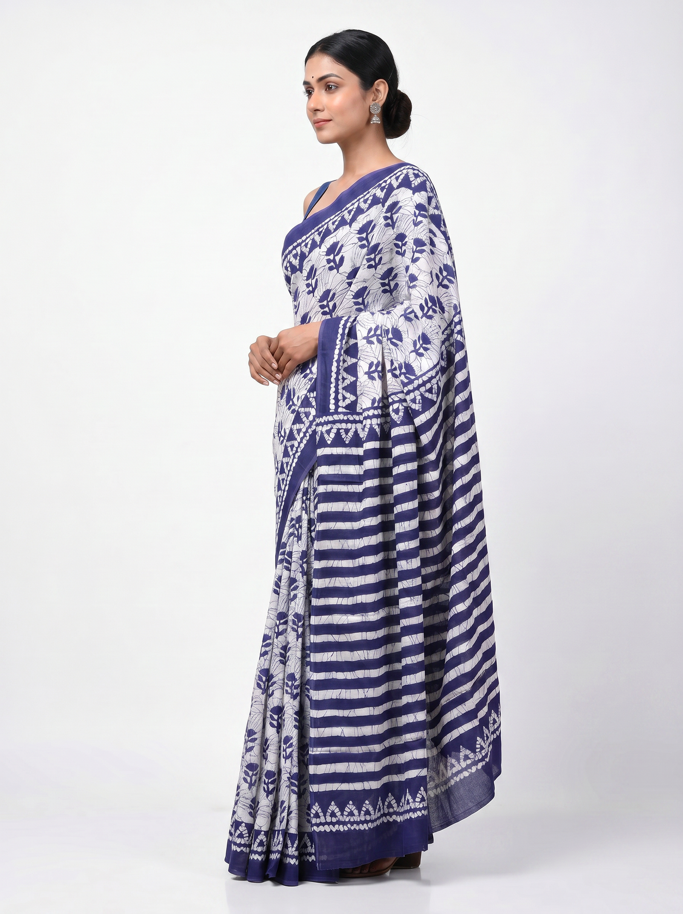 Pure Mulmul Cotton Saree | Ink Blue + Plum Handblock Print | Summer & Office Wear | With Blouse image 2