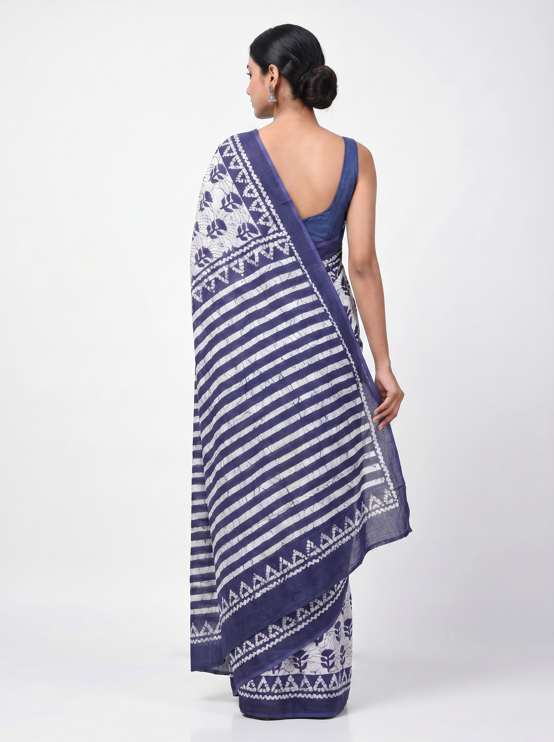 Pure Mulmul Cotton Saree | Ink Blue + Plum Handblock Print | Summer & Office Wear | With Blouse image 3