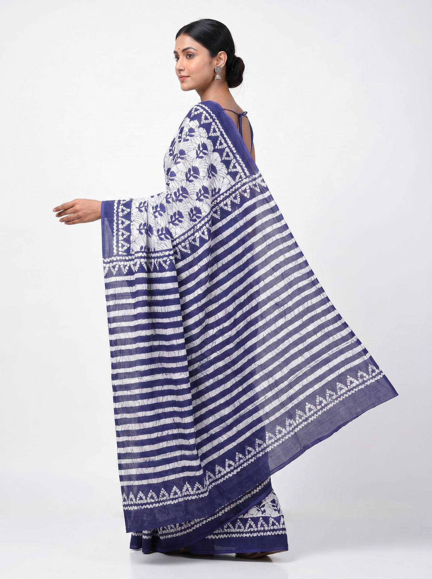 Pure Mulmul Cotton Saree | Ink Blue + Plum Handblock Print | Summer & Office Wear | With Blouse image 4