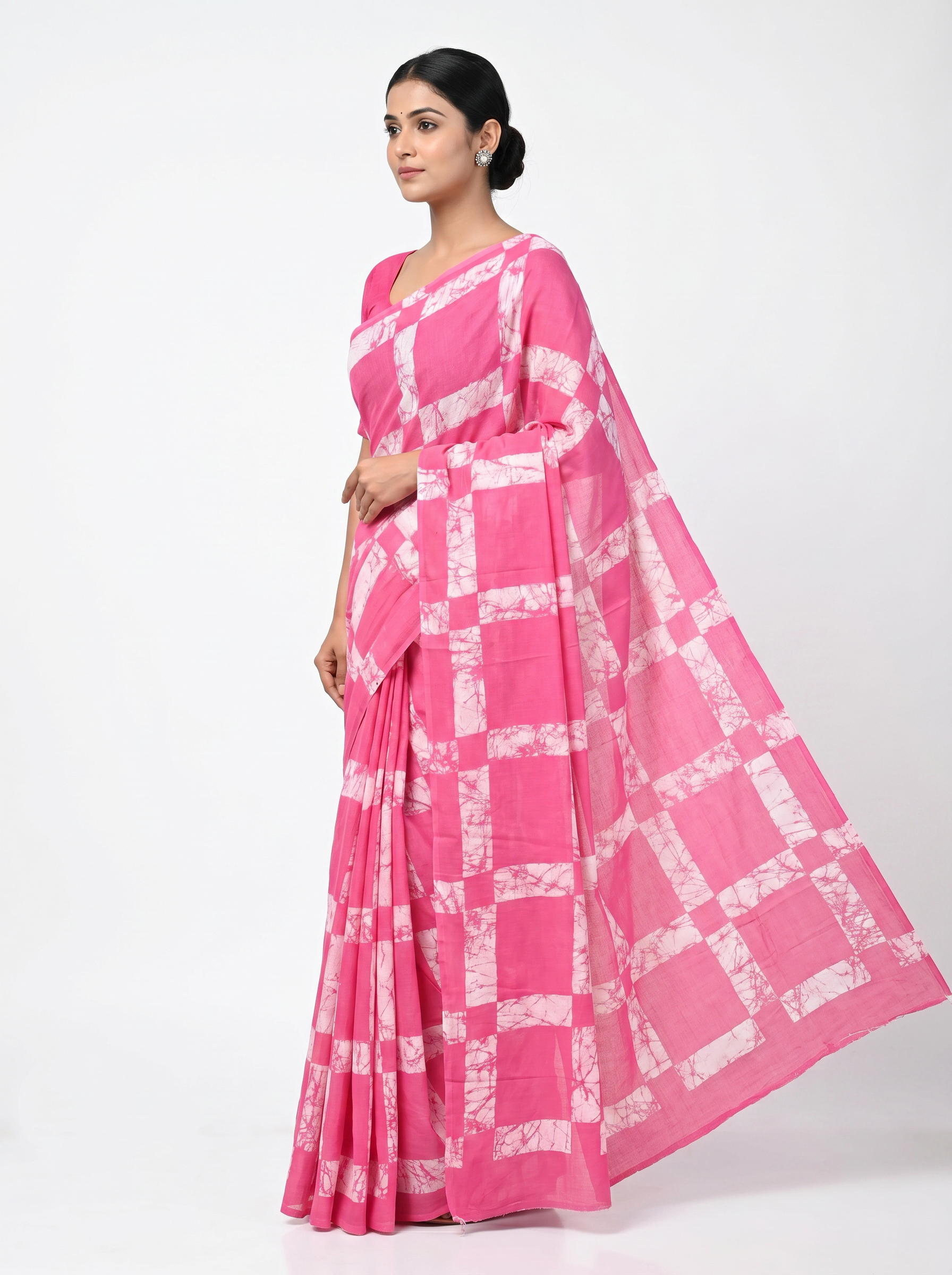 Pure Mulmul Cotton Saree | Deep Red + Rani Pink Handblock Print | Summer & Office Wear | With Blouse image 2
