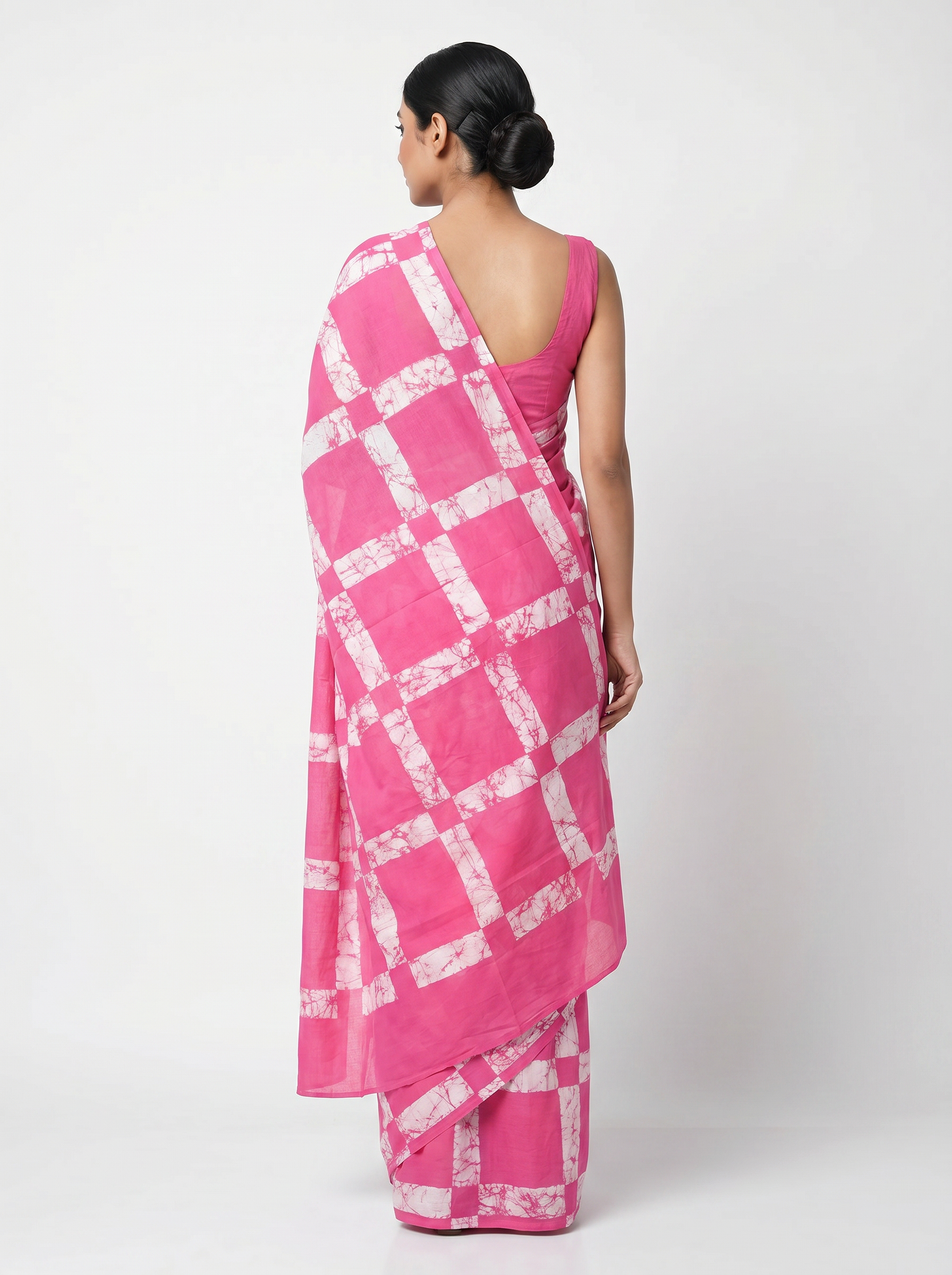 Pure Mulmul Cotton Saree | Deep Red + Rani Pink Handblock Print | Summer & Office Wear | With Blouse image 3