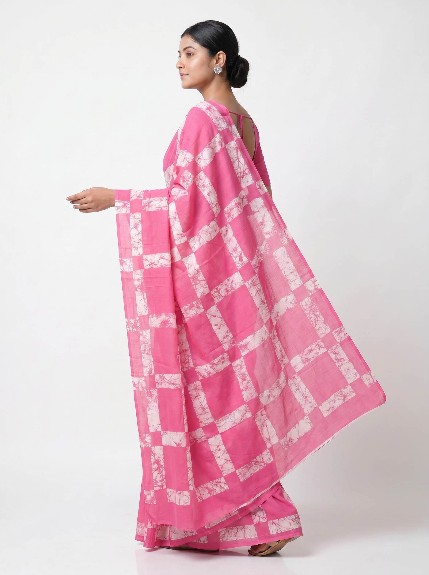 Pure Mulmul Cotton Saree | Deep Red + Rani Pink Handblock Print | Summer & Office Wear | With Blouse image 4