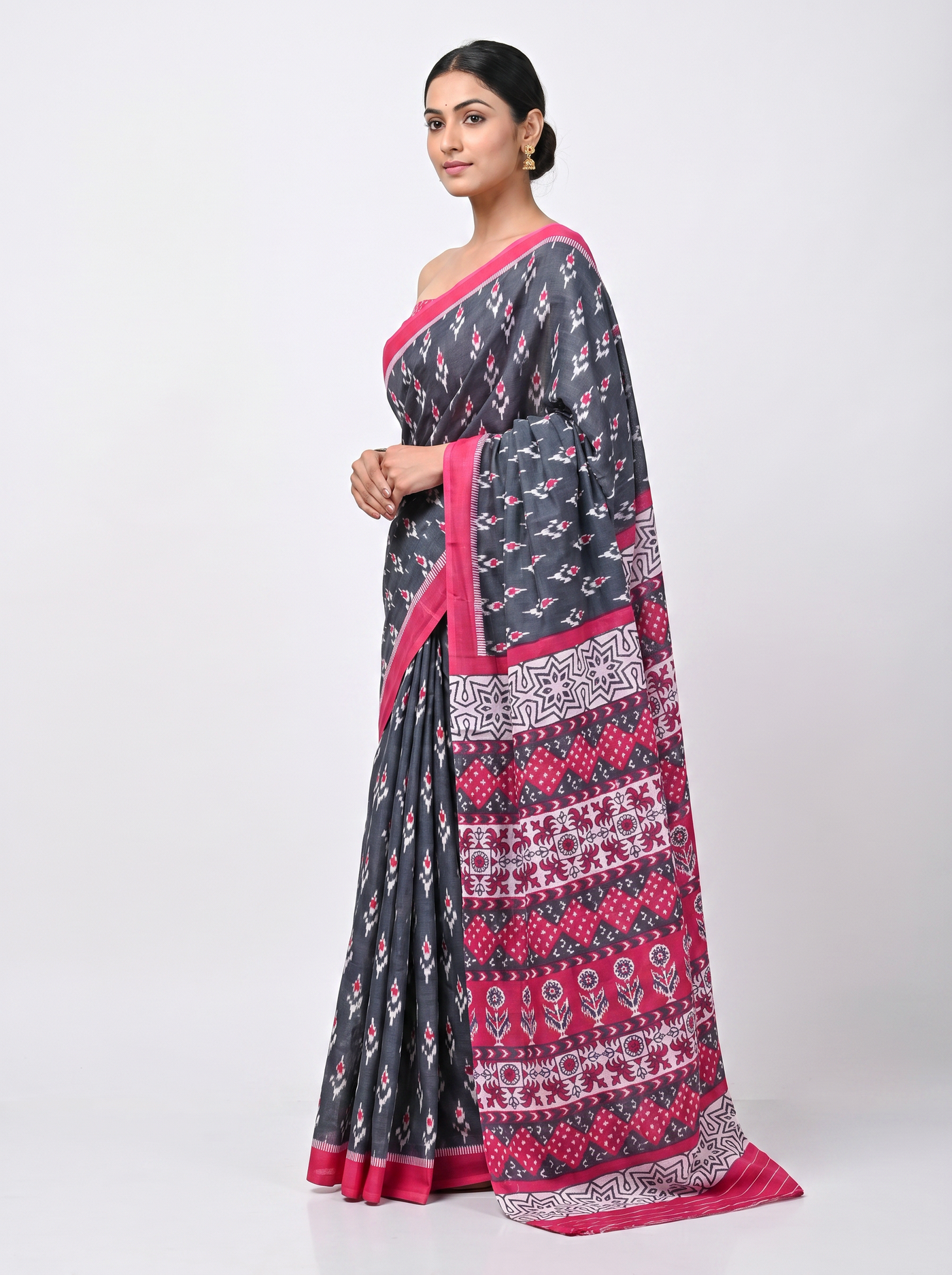 Pure Mulmul Cotton Saree | Charcoal Grey + Navy Blue + Rani Pink + Grey Handblock Print | Summer & Office Wear | With Blouse image 2