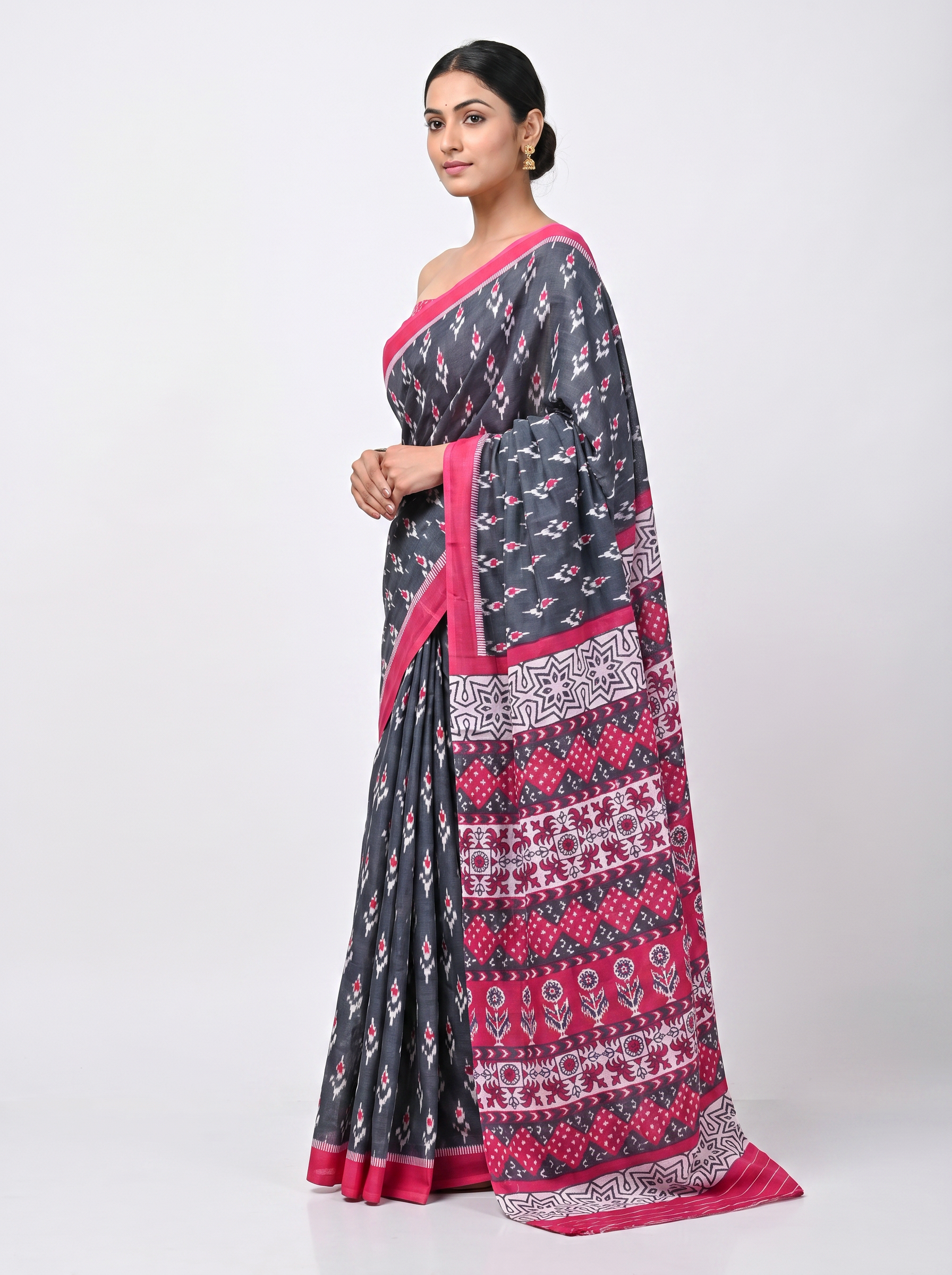 Pure Mulmul Cotton Saree | Charcoal Grey + Navy Blue + Rani Pink + Grey Handblock Print | Summer & Office Wear | With Blouse image 2