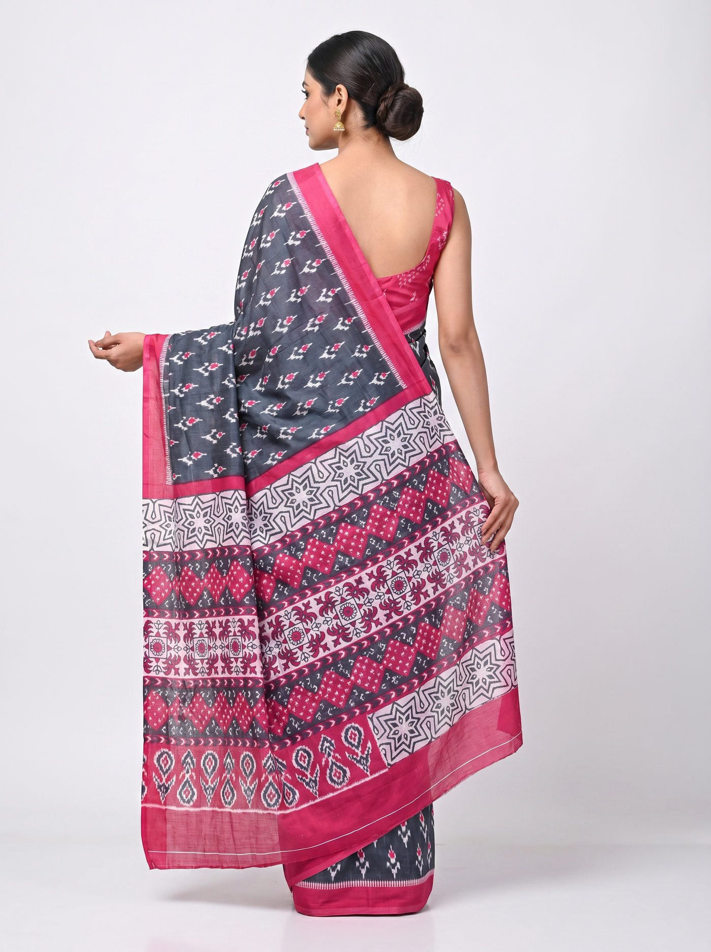 Pure Mulmul Cotton Saree | Charcoal Grey + Navy Blue + Rani Pink + Grey Handblock Print | Summer & Office Wear | With Blouse image 3
