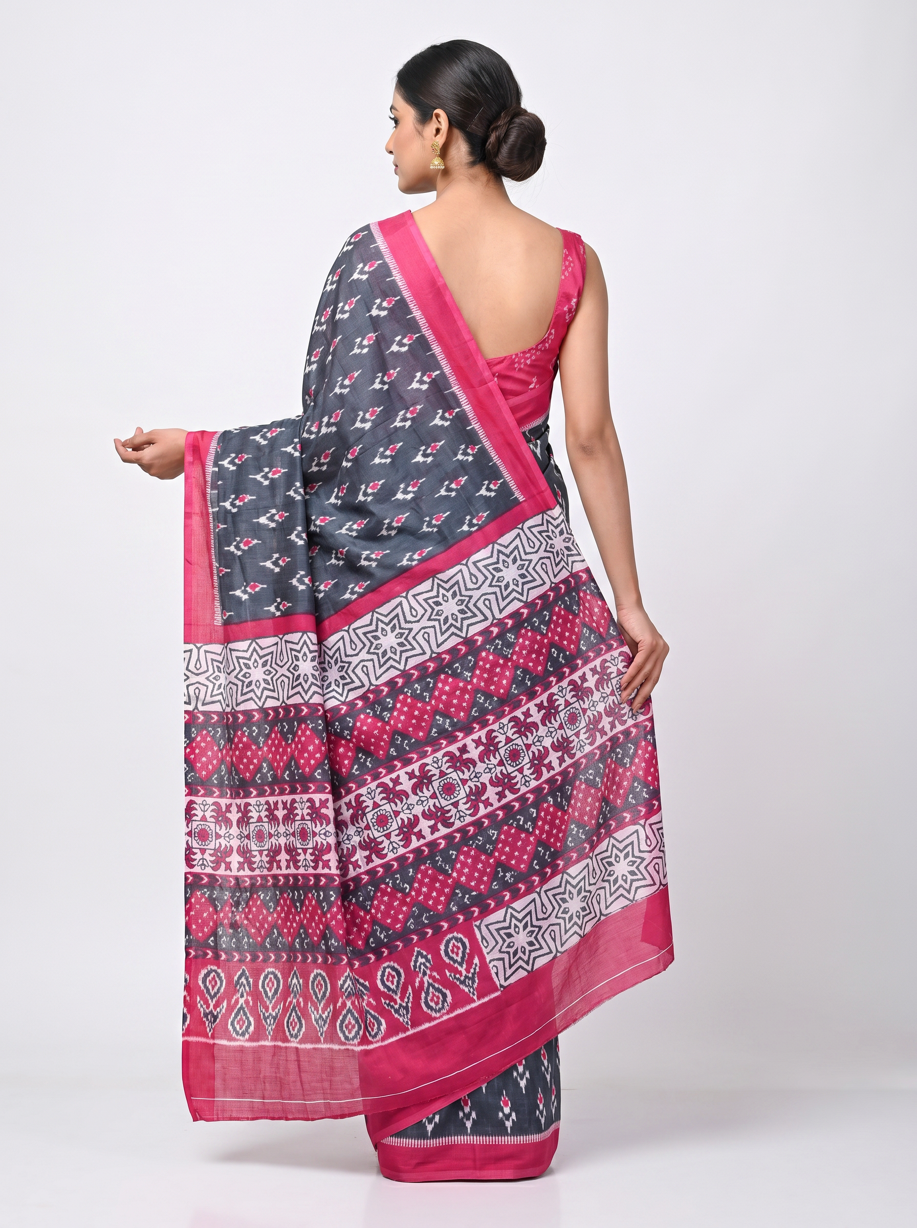 Pure Mulmul Cotton Saree | Charcoal Grey + Navy Blue + Rani Pink + Grey Handblock Print | Summer & Office Wear | With Blouse image 3