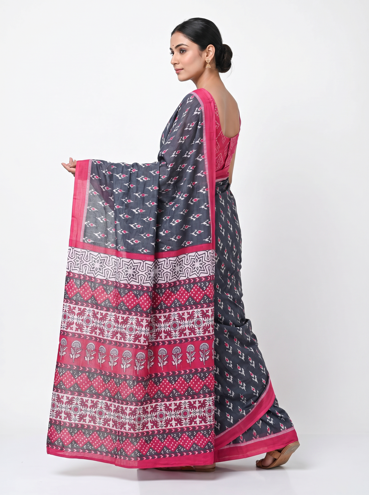Pure Mulmul Cotton Saree | Charcoal Grey + Navy Blue + Rani Pink + Grey Handblock Print | Summer & Office Wear | With Blouse image 4