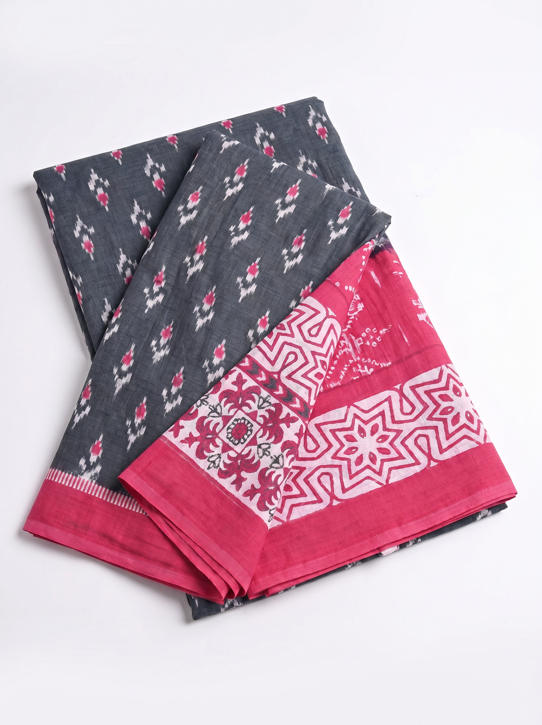 Pure Mulmul Cotton Saree | Charcoal Grey + Navy Blue + Rani Pink + Grey Handblock Print | Summer & Office Wear | With Blouse image 5