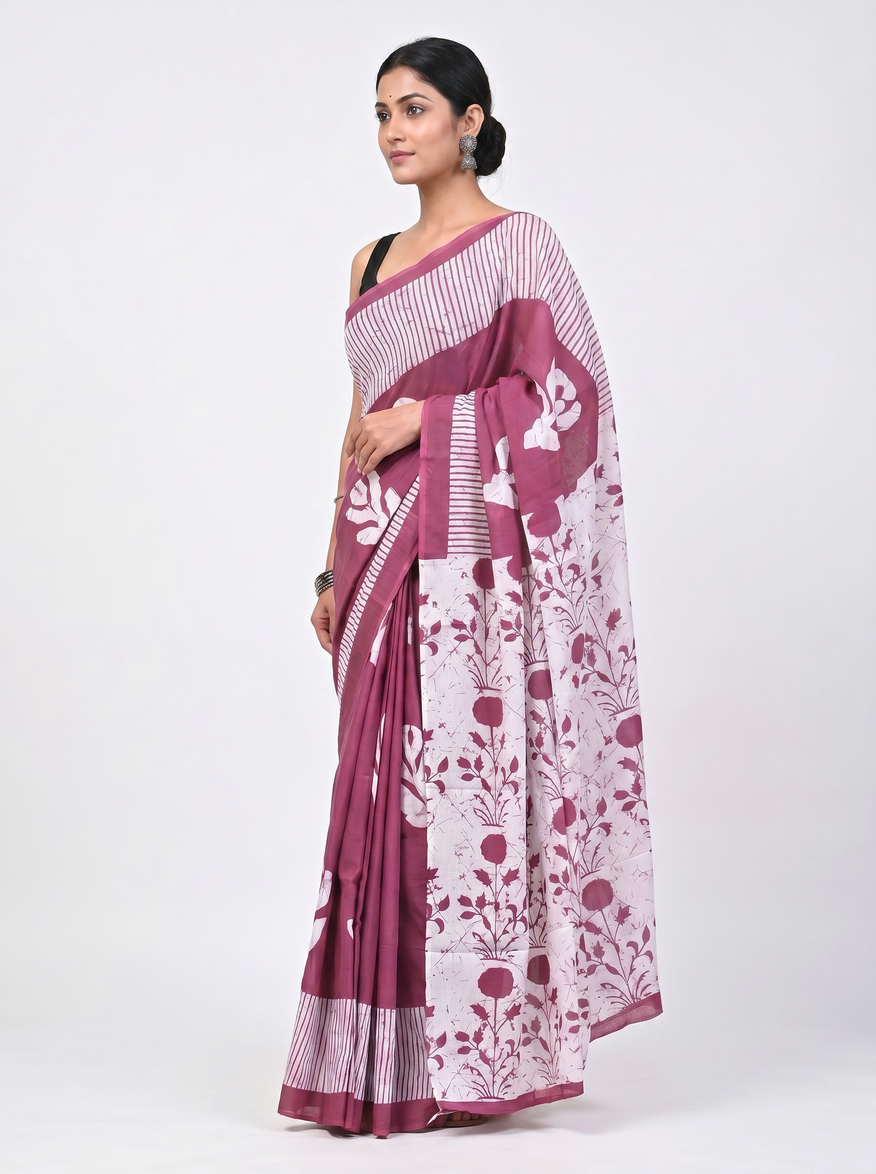 Pure Mulmul Cotton Saree | Off White + Rose Pink + Beige Handblock Print | Summer & Office Wear | With Blouse image 2