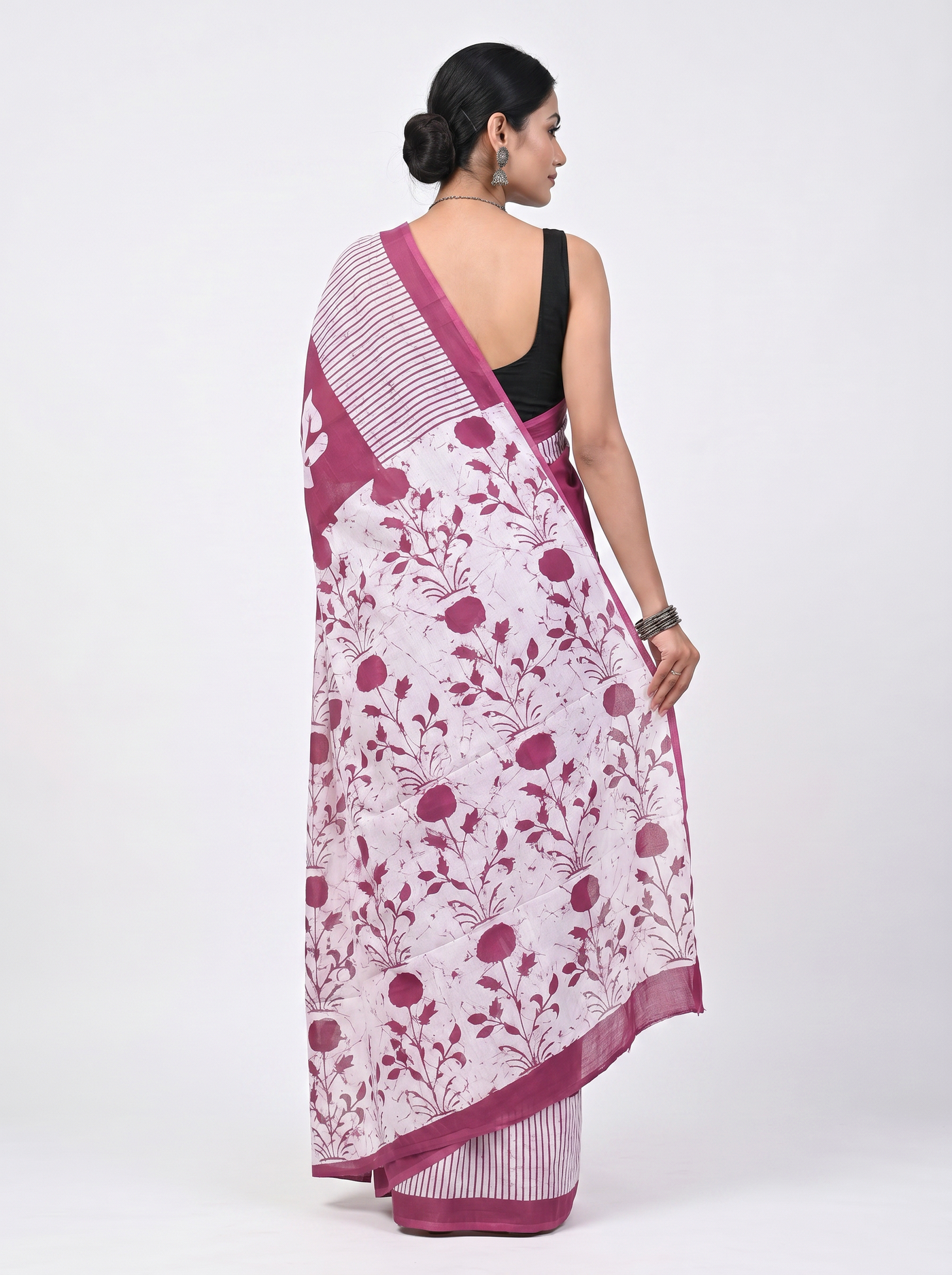 Pure Mulmul Cotton Saree | Off White + Rose Pink + Beige Handblock Print | Summer & Office Wear | With Blouse image 3