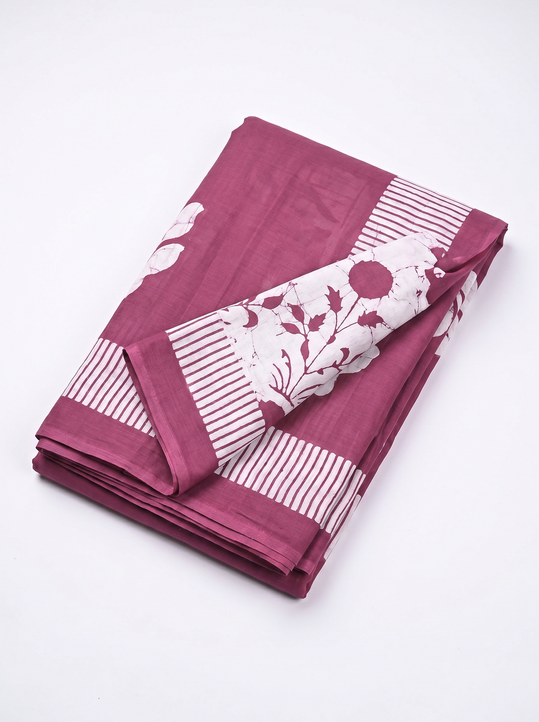 Pure Mulmul Cotton Saree | Off White + Rose Pink + Beige Handblock Print | Summer & Office Wear | With Blouse image 5