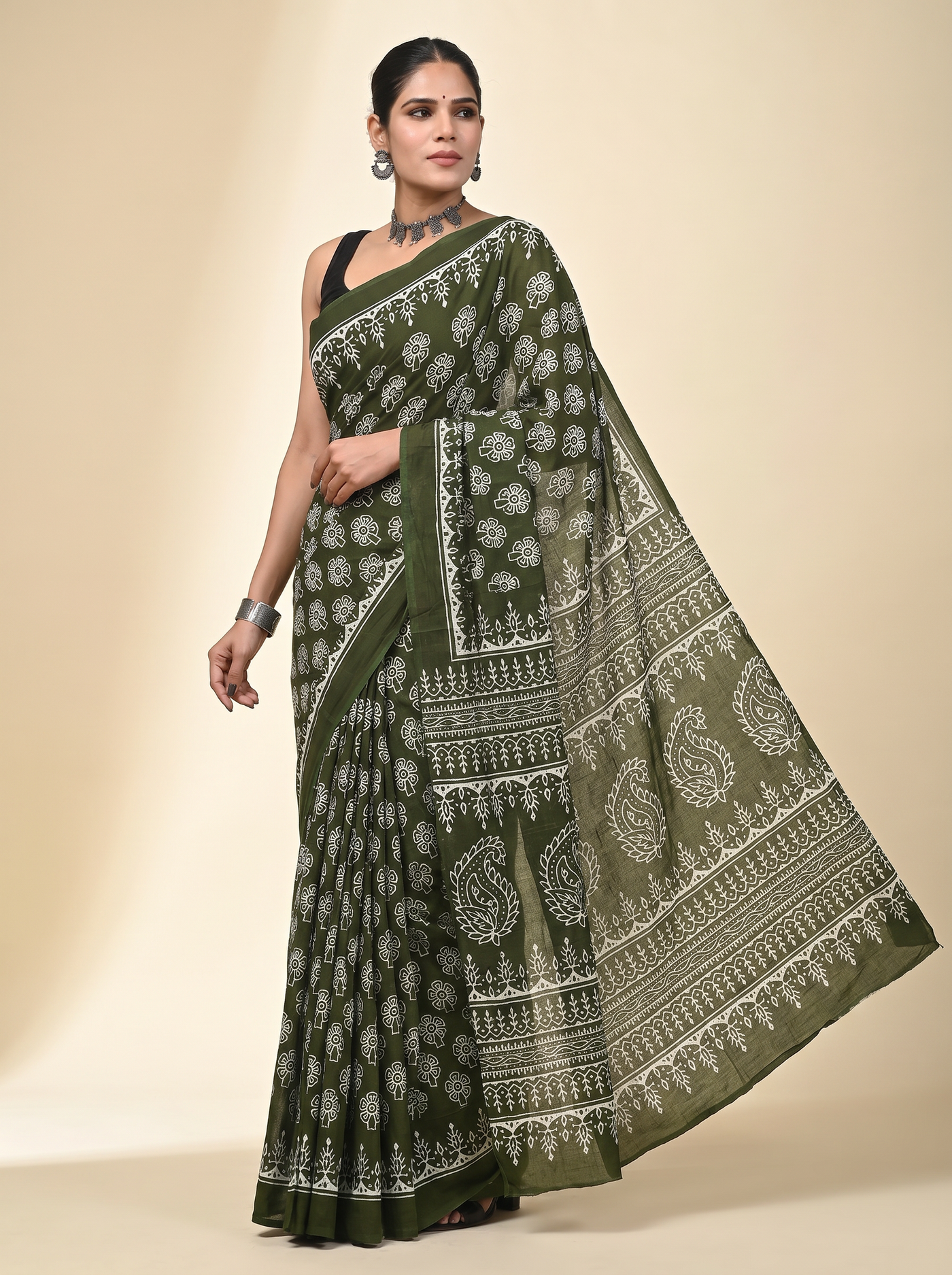 Pure Mulmul Cotton Saree Ink Blue Handblock Print Ajrakh Geometric Design Summer & Office Wear With Blouse