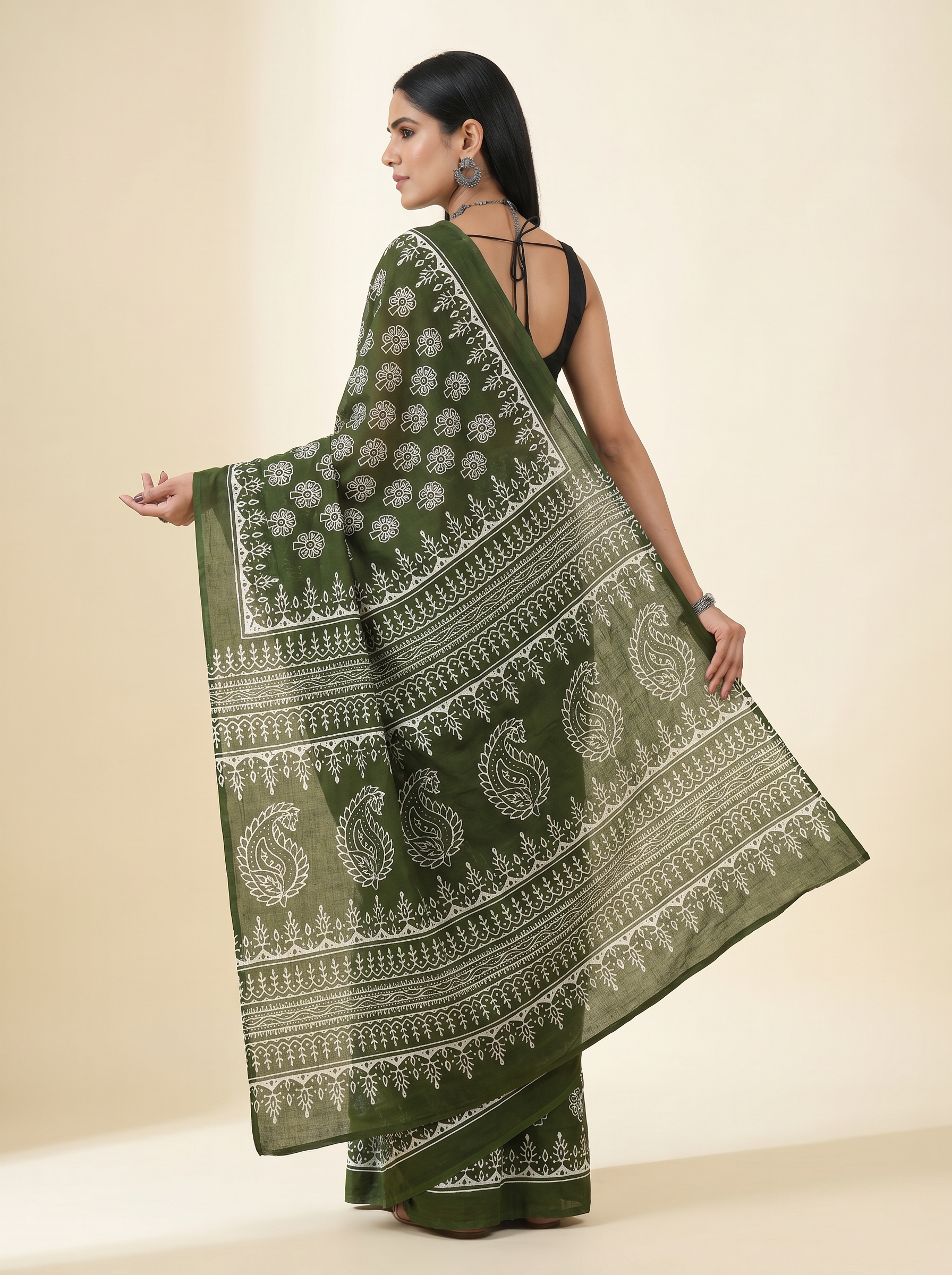 Pure Mulmul Cotton Saree Ink Blue Handblock Print Ajrakh Geometric Design Summer & Office Wear With Blouse