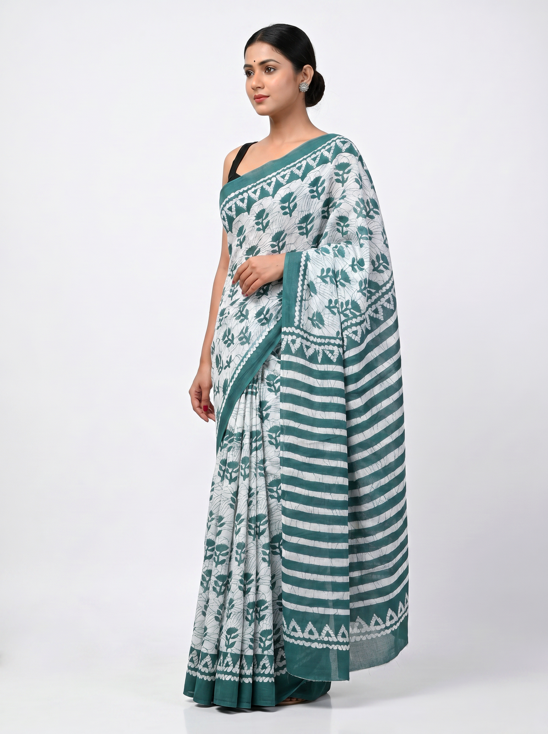 Pure Mulmul Cotton Saree | Teal Blue Handblock Print | Summer & Office Wear | With Blouse | Design 2 image 2