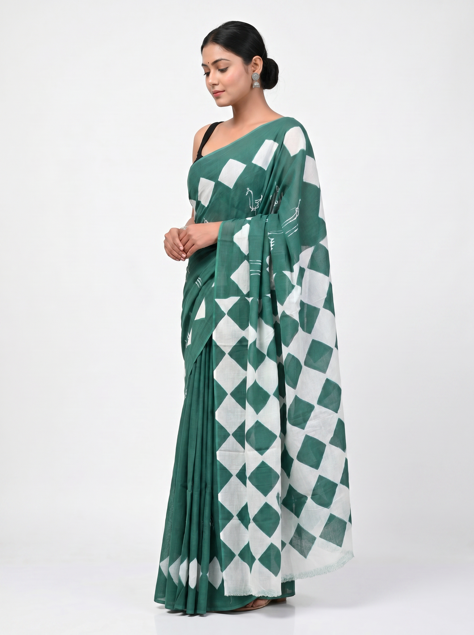 Pure Mulmul Cotton Saree | Teal Blue Handblock Print | Summer & Office Wear | With Blouse | Design 3 image 2
