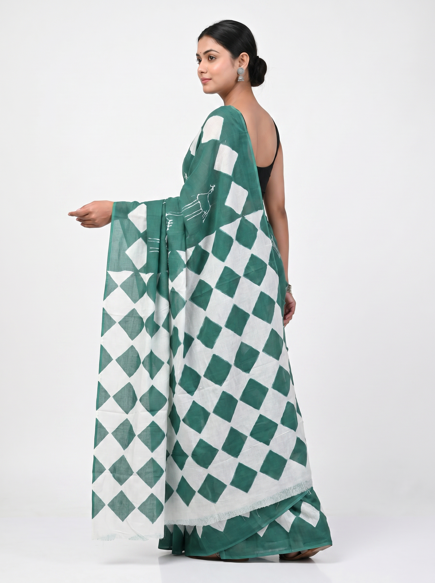 Pure Mulmul Cotton Saree | Teal Blue Handblock Print | Summer & Office Wear | With Blouse | Design 3 image 4