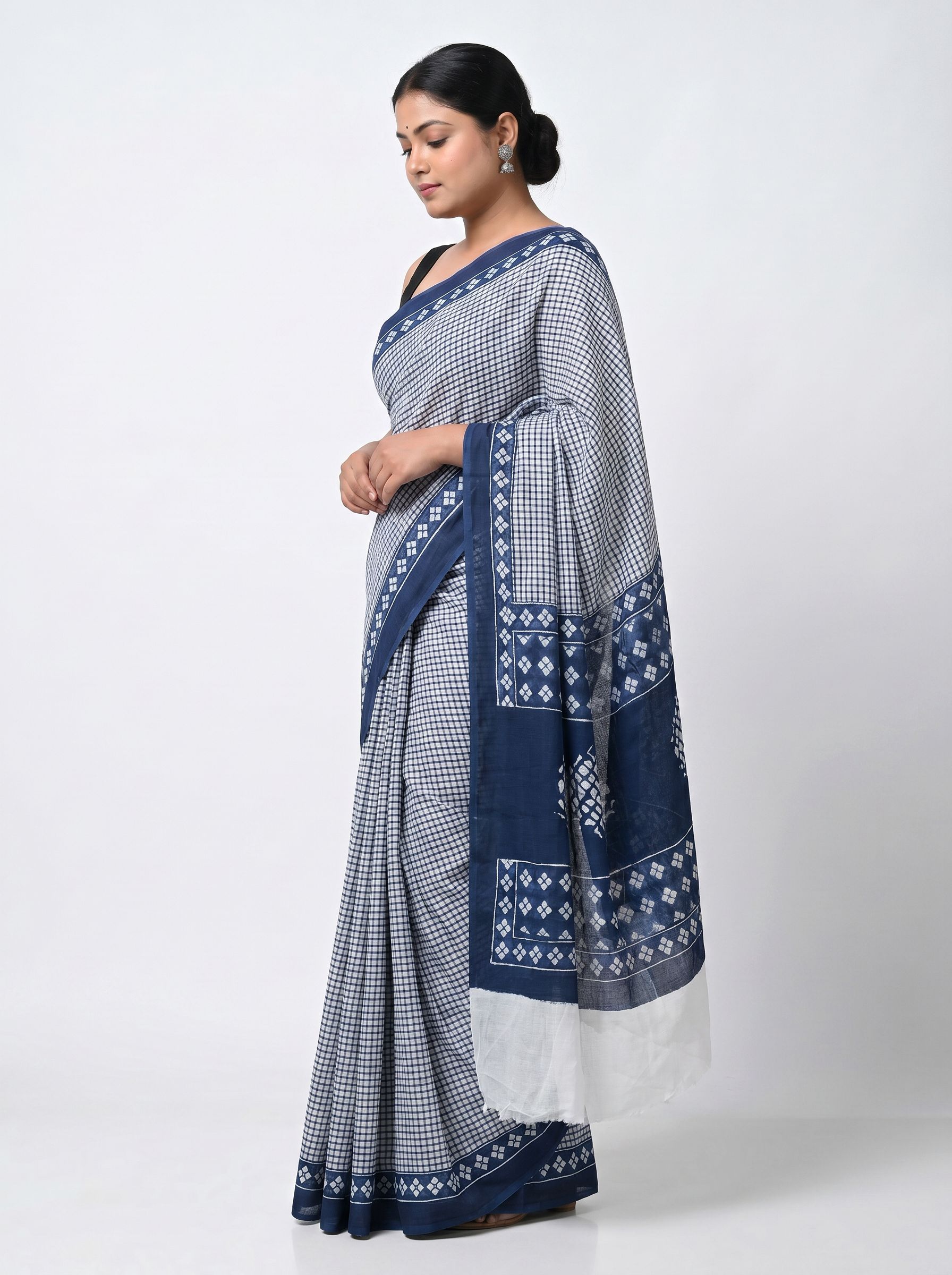 Pure Mulmul Cotton Saree | Teal Blue Handblock Print | Summer & Office Wear | With Blouse image 2