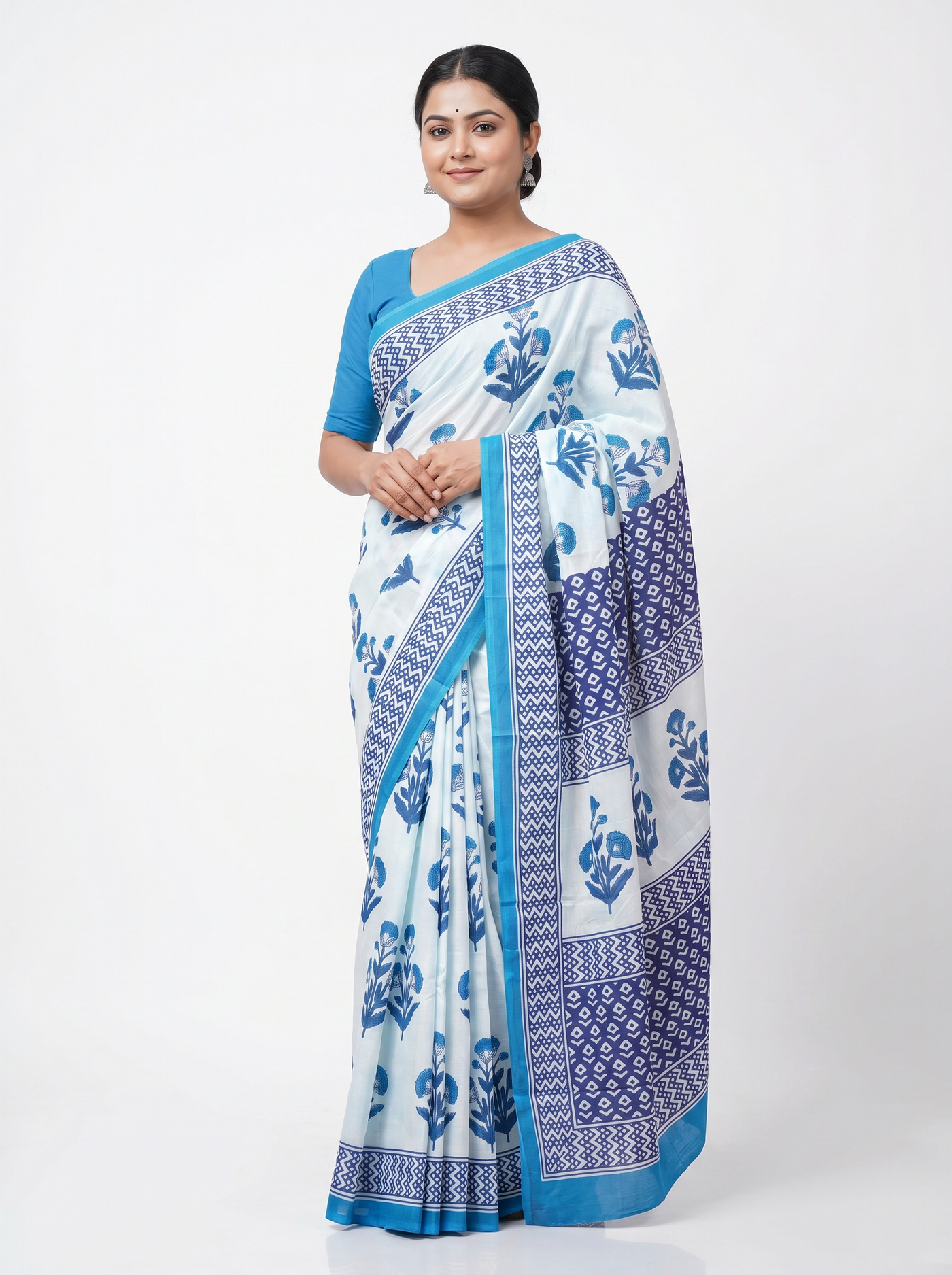 Teal Blue pure mulmul cotton saree with blouse