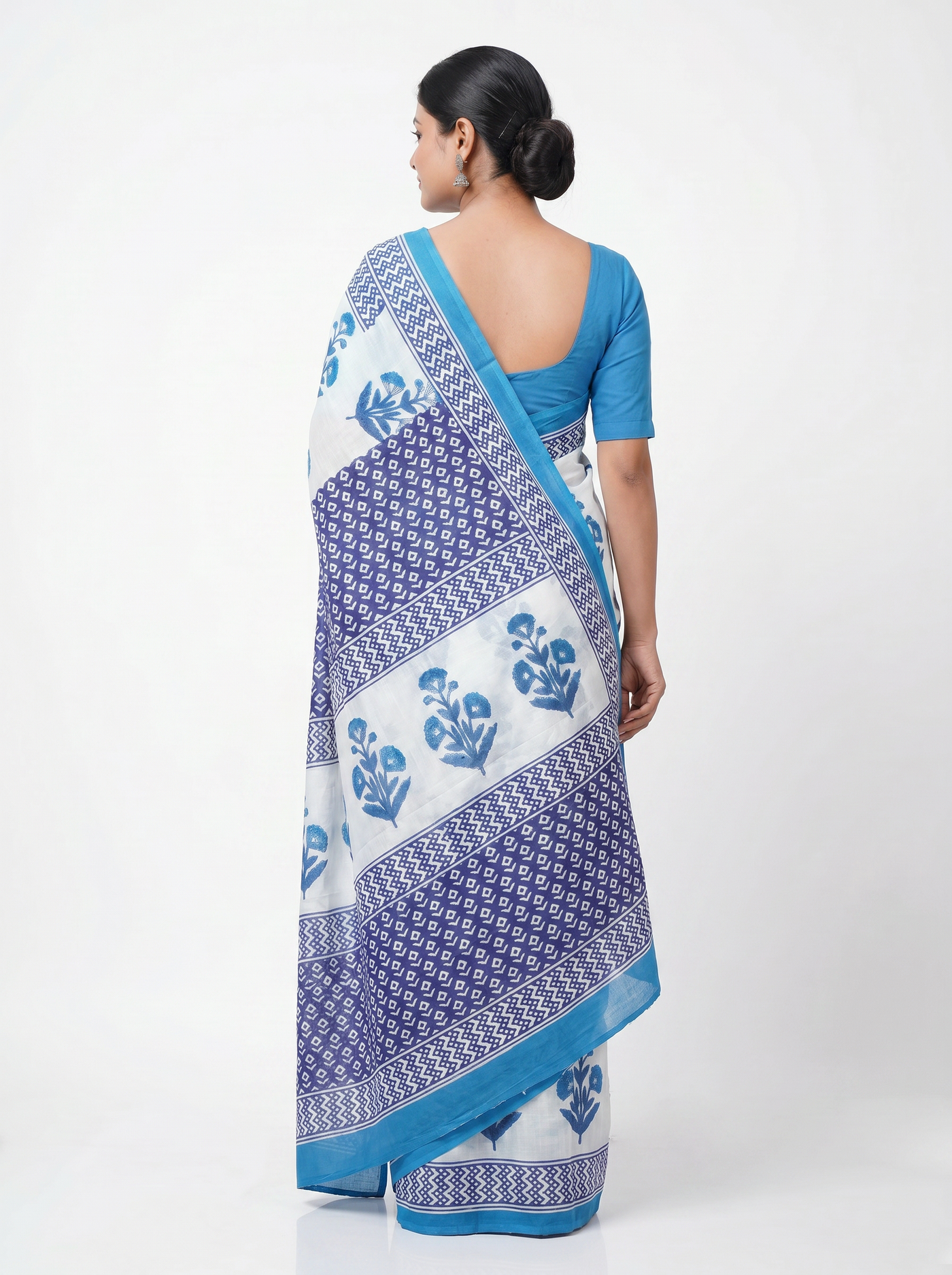 Pure Mulmul Cotton Saree | Teal Blue Handblock Print | Summer & Office Wear | With Blouse image 3