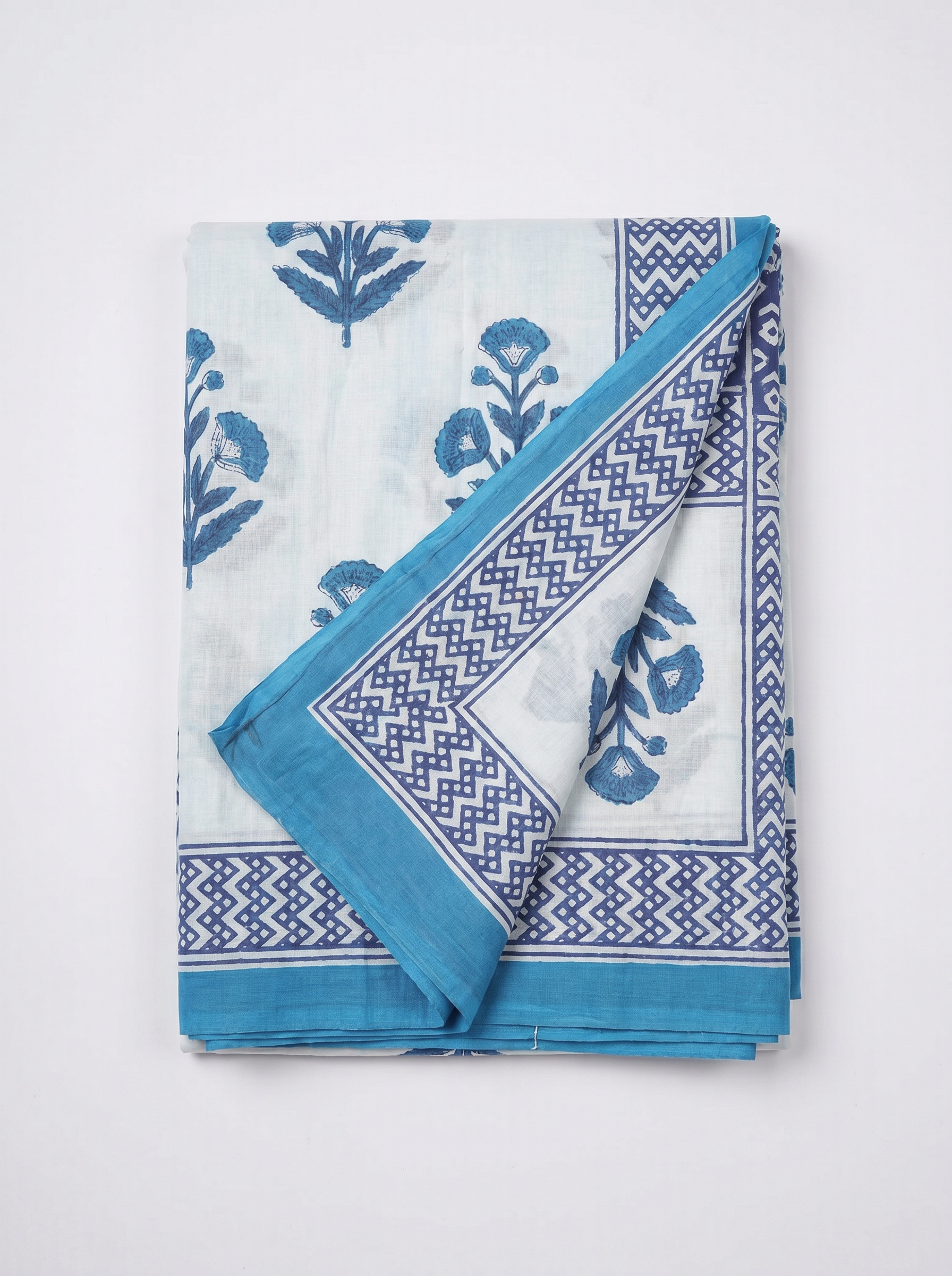 Pure Mulmul Cotton Saree | Teal Blue Handblock Print | Summer & Office Wear | With Blouse image 5