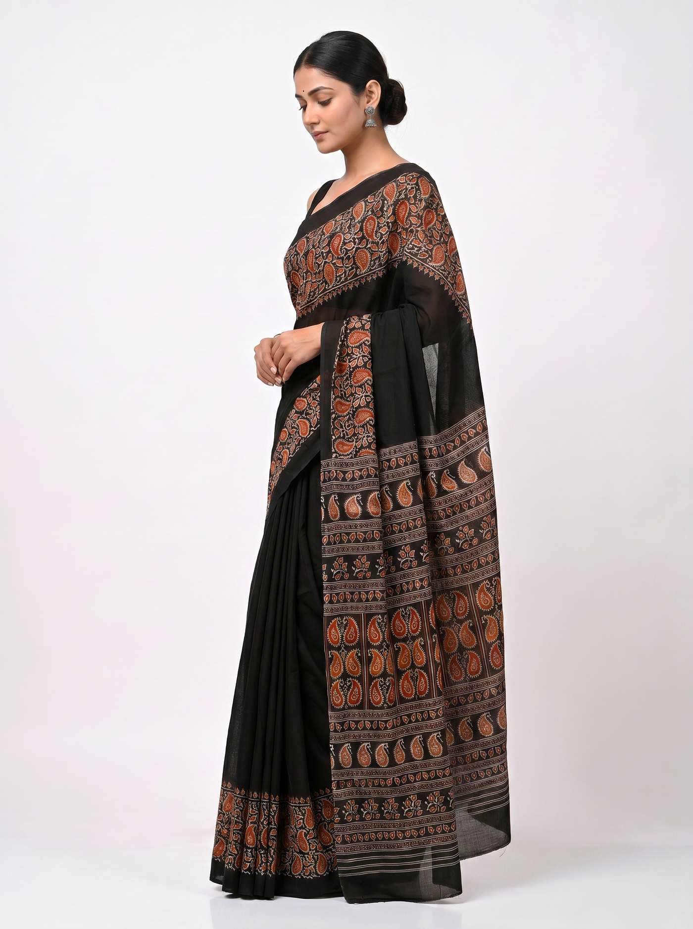 Pure Mulmul Cotton Saree | Charcoal Grey + Black + Grey + Wine Handblock Print | Summer & Office Wear | With Blouse image 2