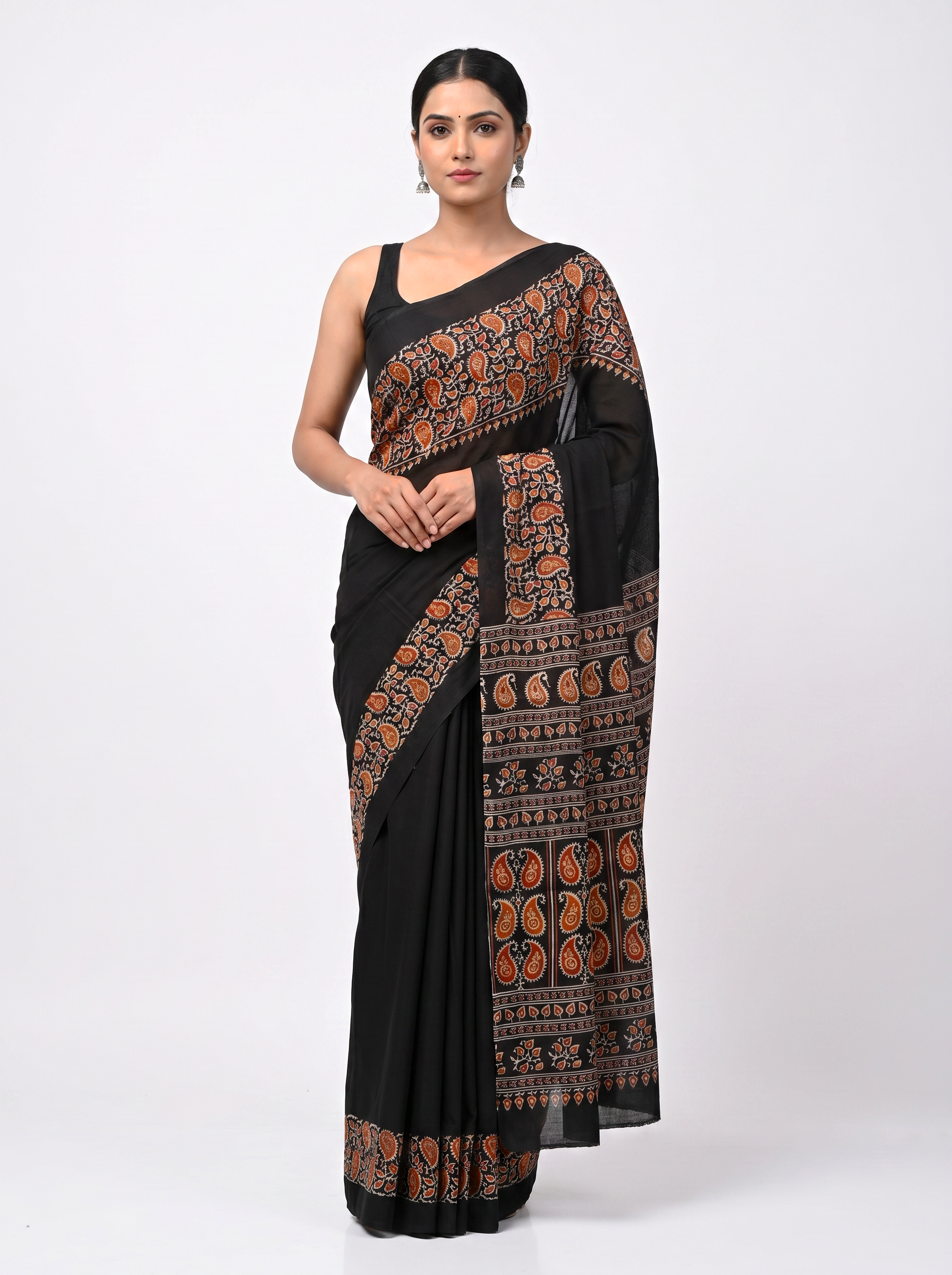 Pure Mulmul Cotton Saree | Charcoal Grey + Black + Grey + Wine Handblock Print | Summer & Office Wear | With Blouse image 5