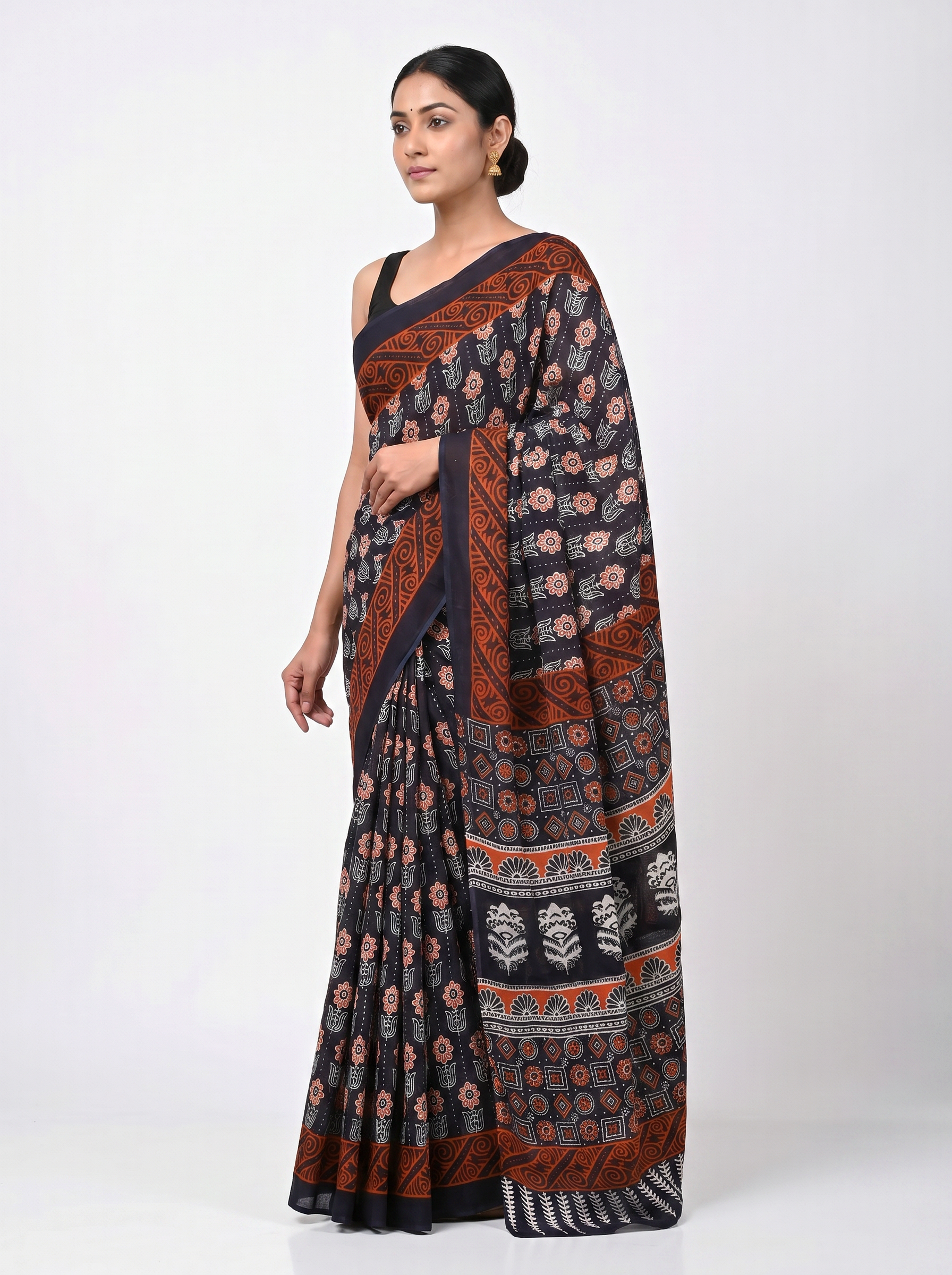 Pure Mulmul Cotton Saree | Charcoal Grey + Grey + Wine Handblock Print | Summer & Office Wear | With Blouse image 2