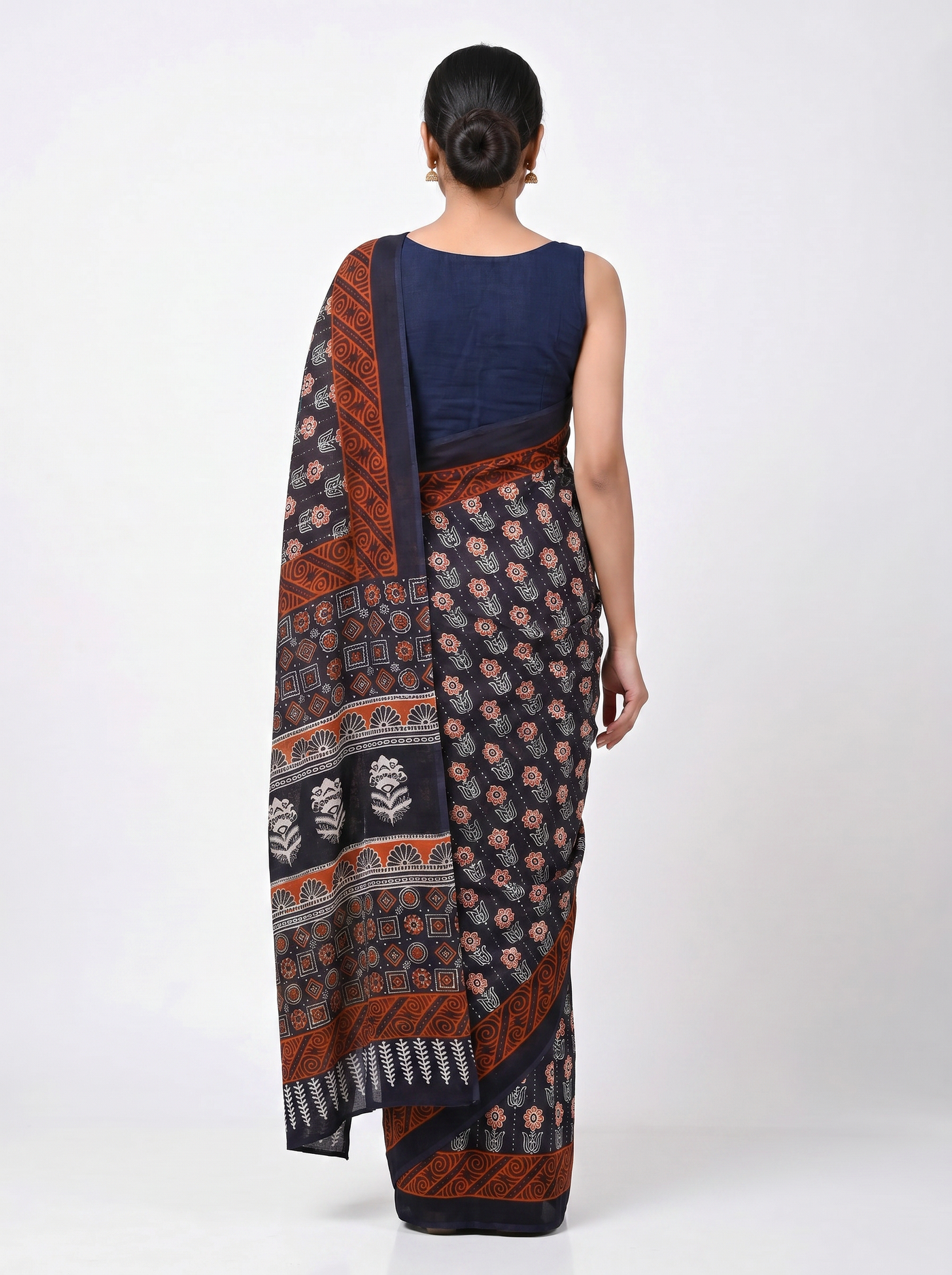 Pure Mulmul Cotton Saree | Charcoal Grey + Grey + Wine Handblock Print | Summer & Office Wear | With Blouse image 3