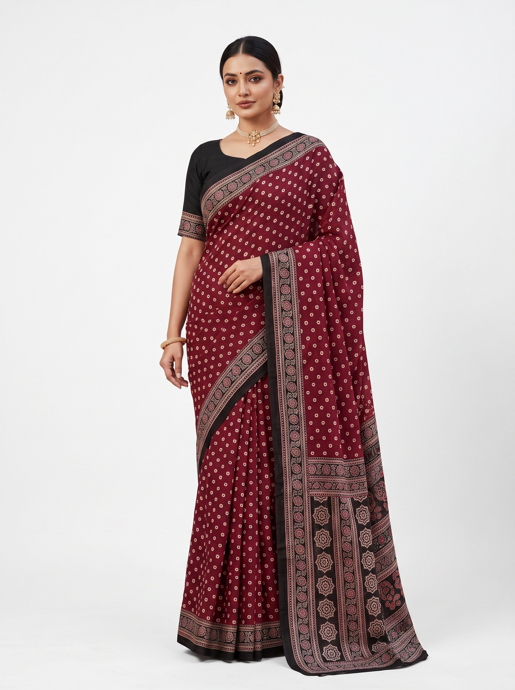 Wine Contrast Border Mulmul Saree with Blouse