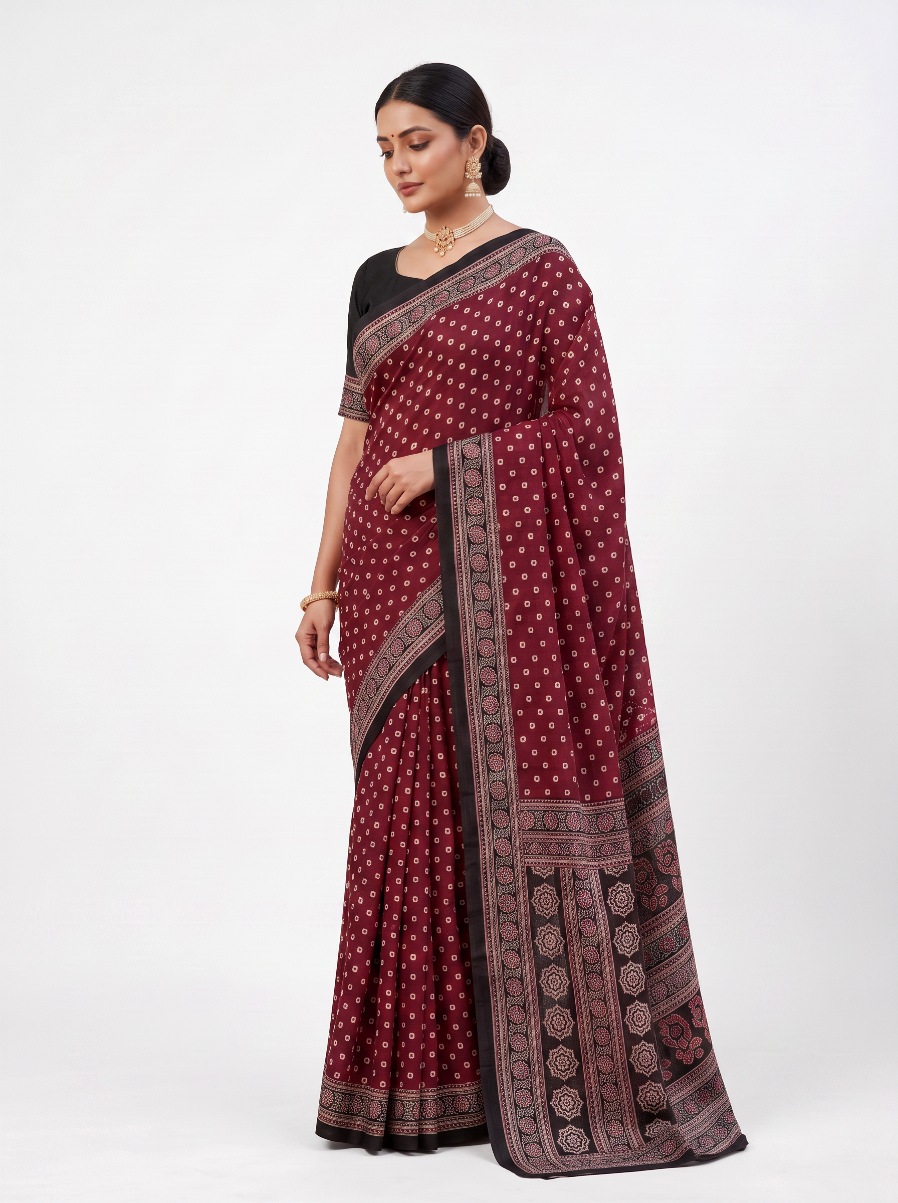 Wine Contrast Border Mulmul Saree with Blouse - view 2