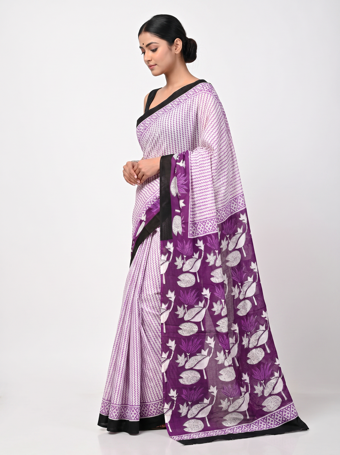 Pure Mulmul Cotton Saree | Dusty Pink + Wine Handblock Print | Summer & Office Wear | With Blouse image 2