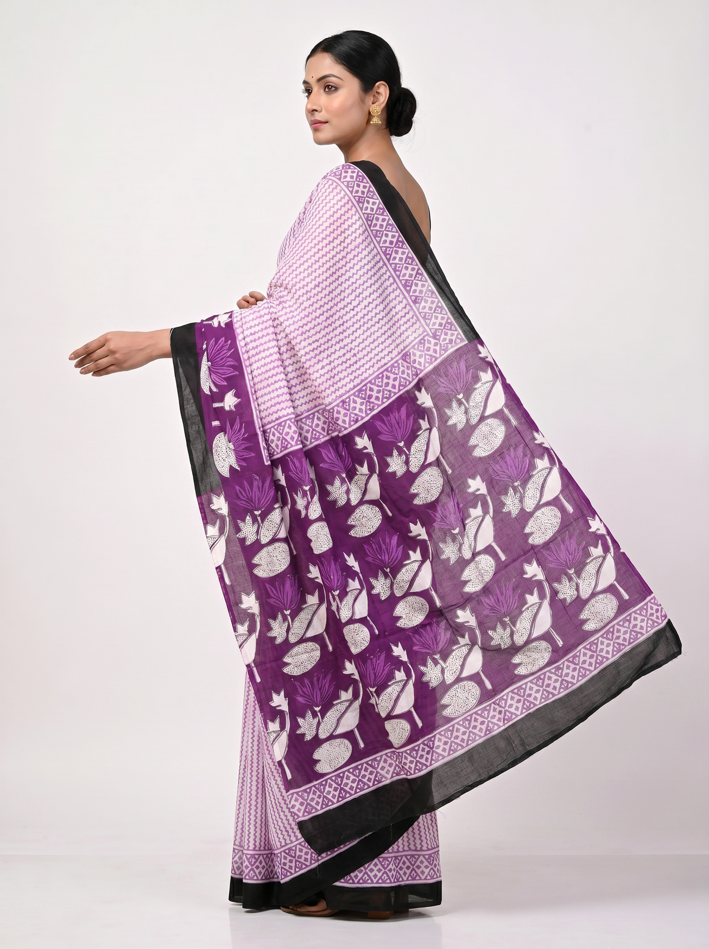 Pure Mulmul Cotton Saree | Dusty Pink + Wine Handblock Print | Summer & Office Wear | With Blouse image 4