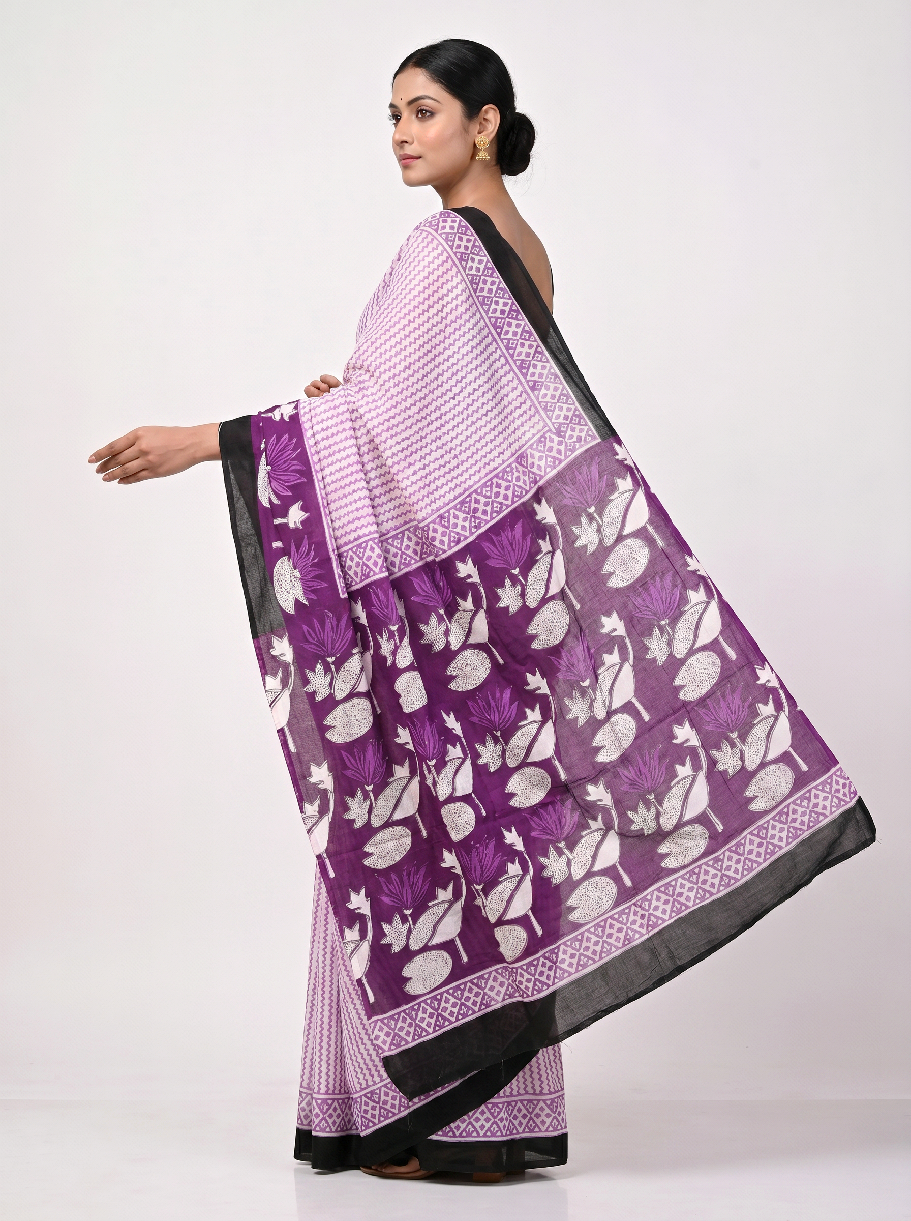 Pure Mulmul Cotton Saree | Dusty Pink + Wine Handblock Print | Summer & Office Wear | With Blouse image 4