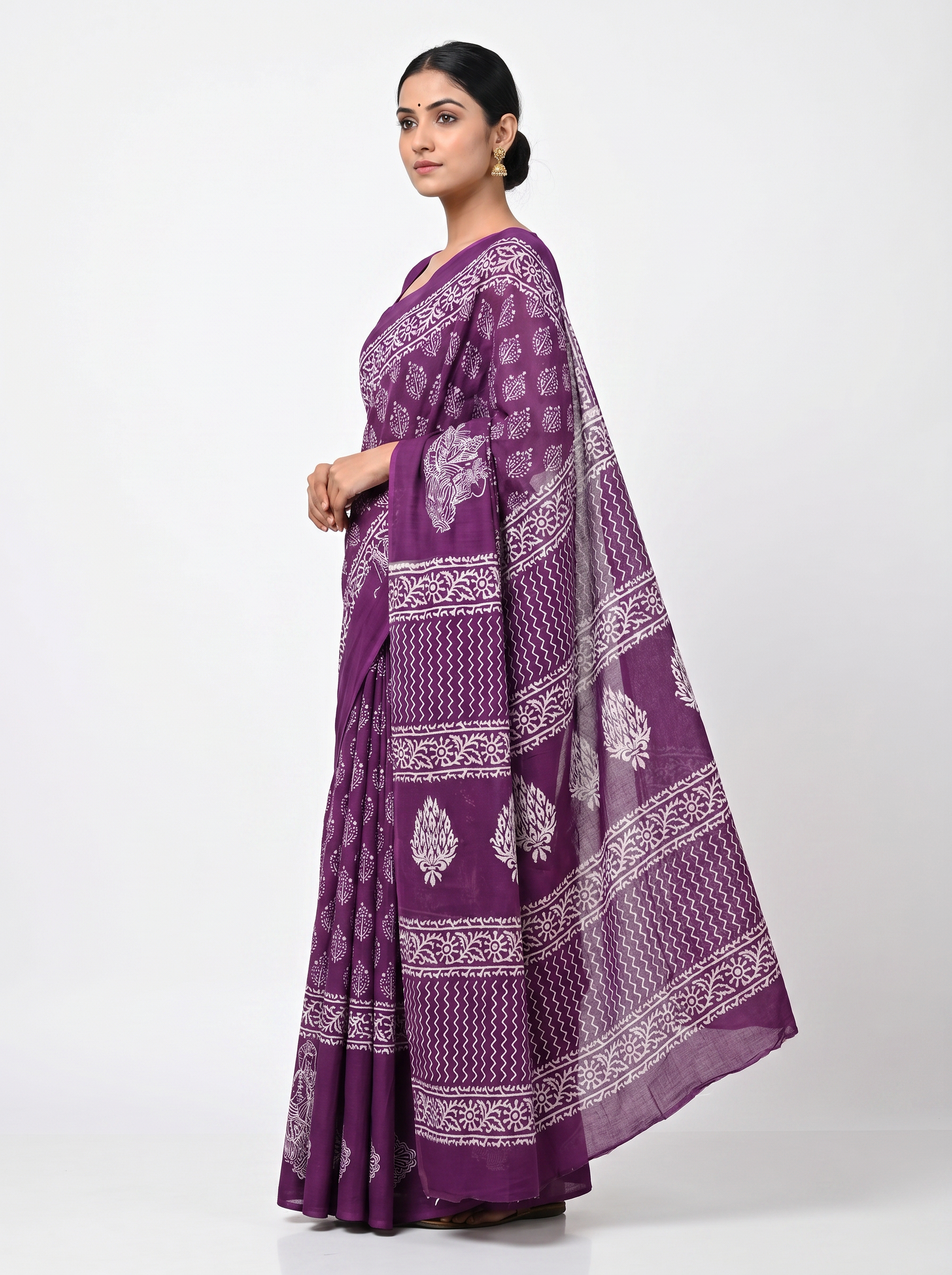 Pure Mulmul Cotton Saree | Dusty Pink + Wine Handblock Print | Summer & Office Wear | With Blouse image 2