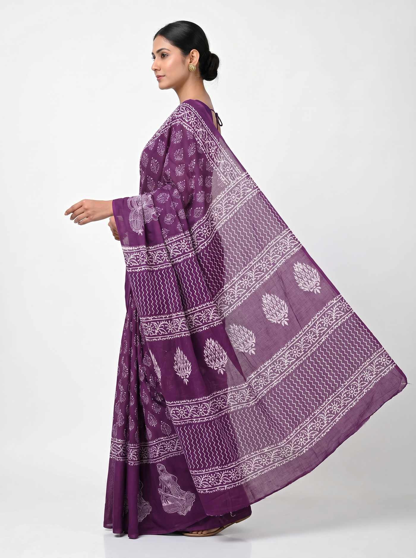 Pure Mulmul Cotton Saree | Dusty Pink + Wine Handblock Print | Summer & Office Wear | With Blouse image 4