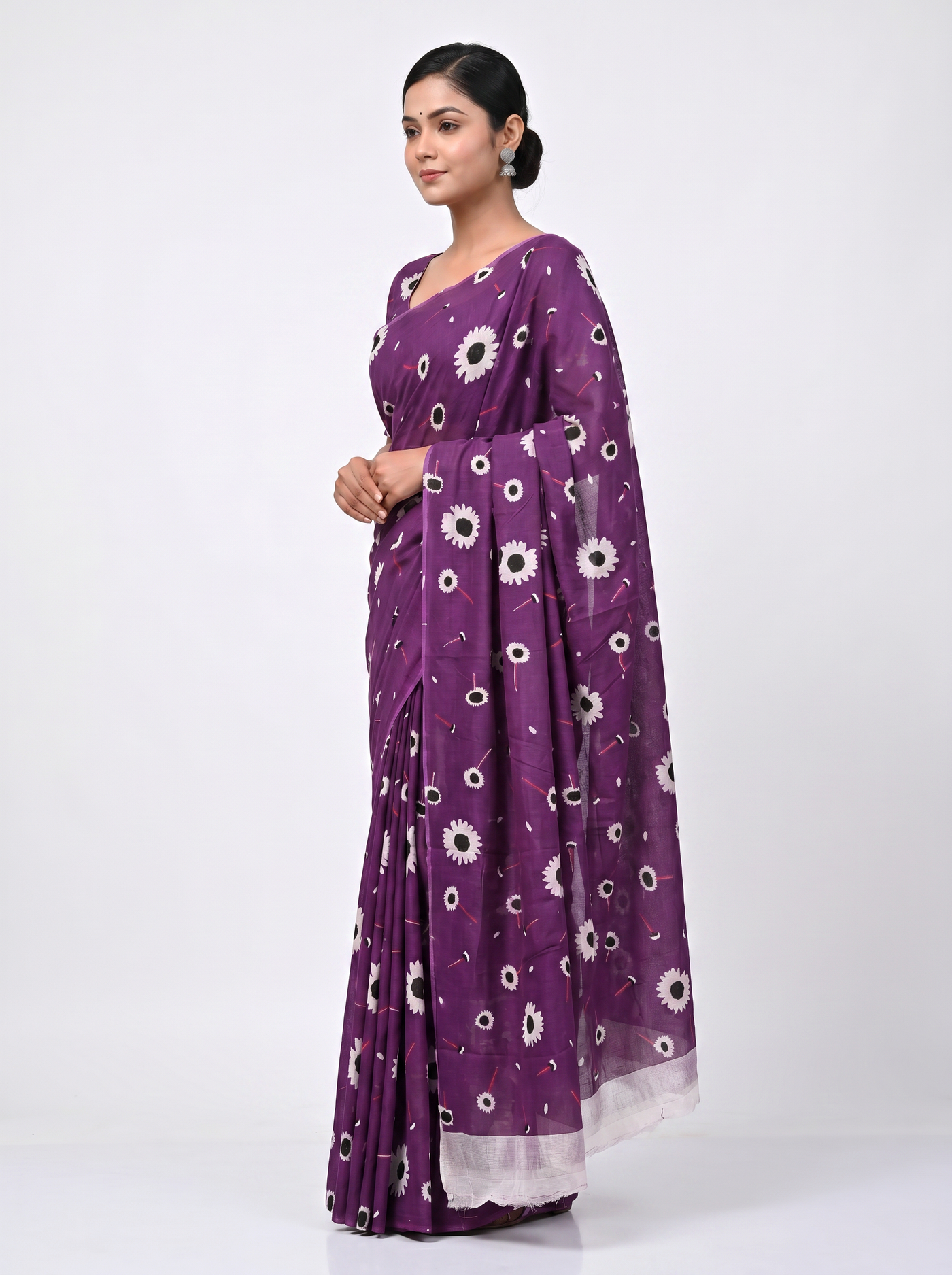 Pure Mulmul Cotton Saree | Fuchsia + Wine Handblock Print | Summer & Office Wear | With Blouse image 2