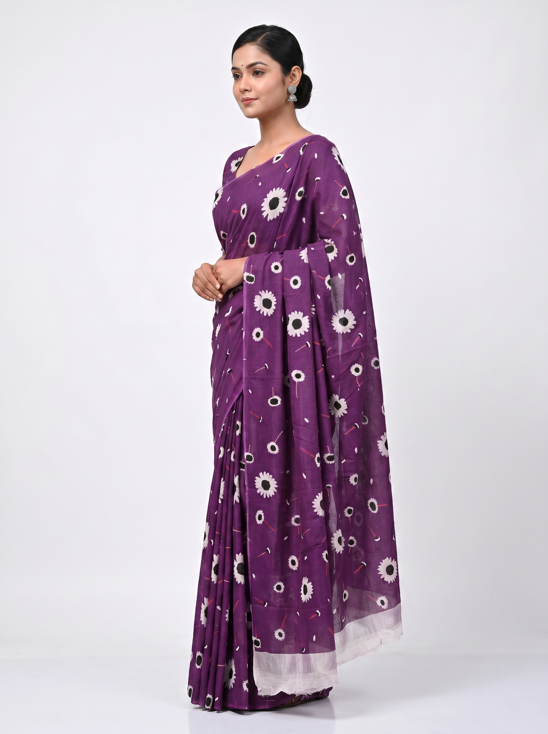 Pure Mulmul Cotton Saree | Fuchsia + Wine Handblock Print | Summer & Office Wear | With Blouse image 2