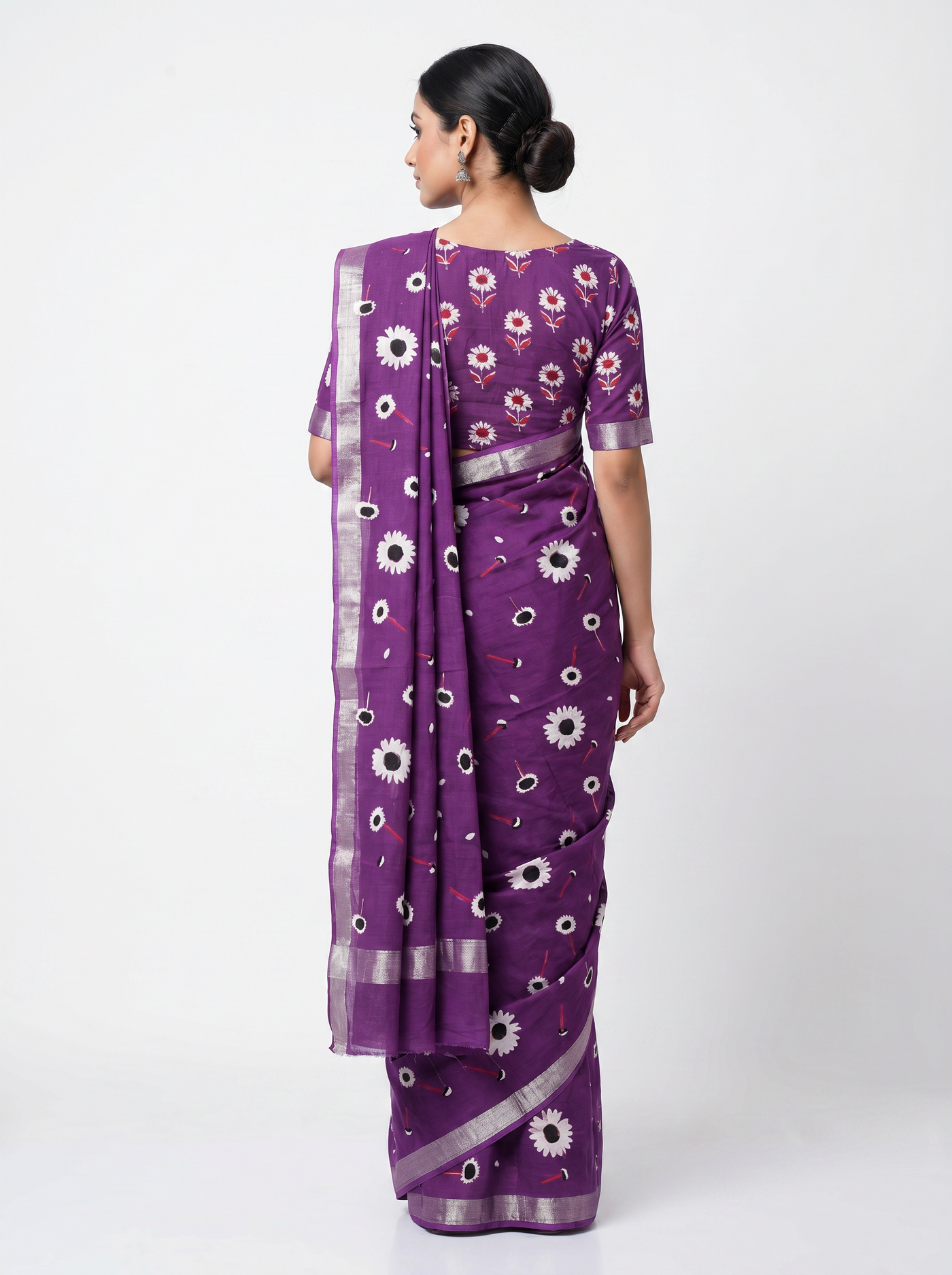 Pure Mulmul Cotton Saree | Fuchsia + Wine Handblock Print | Summer & Office Wear | With Blouse image 3