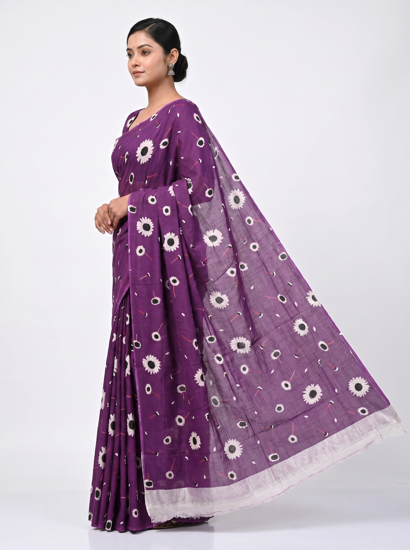 Pure Mulmul Cotton Saree | Fuchsia + Wine Handblock Print | Summer & Office Wear | With Blouse image 4