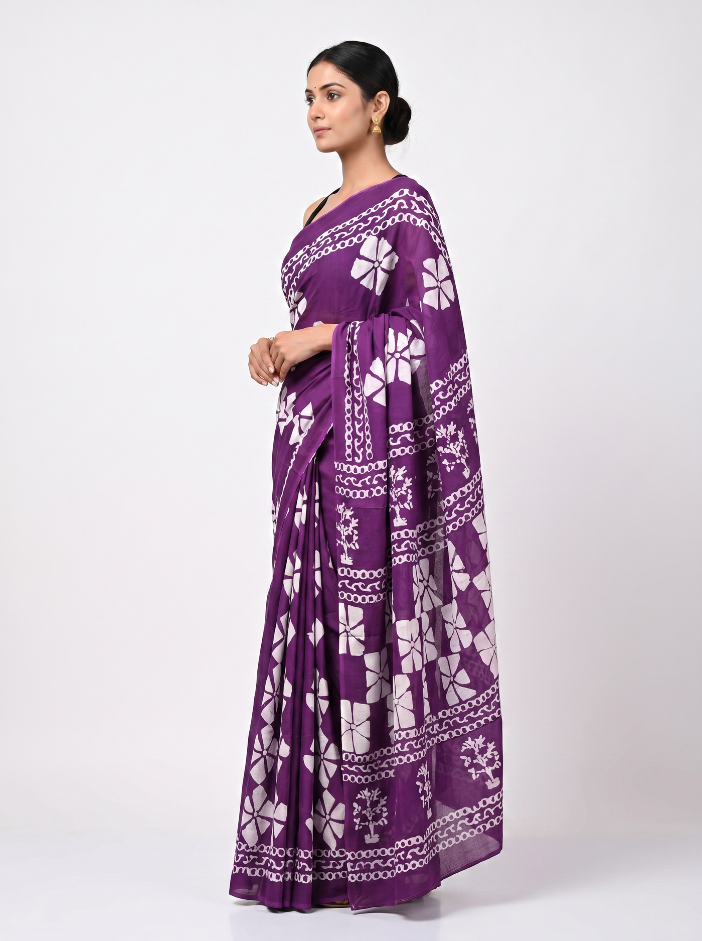 Pure Mulmul Cotton Saree | Fuchsia + Wine Handblock Print | Summer & Office Wear | With Blouse image 2