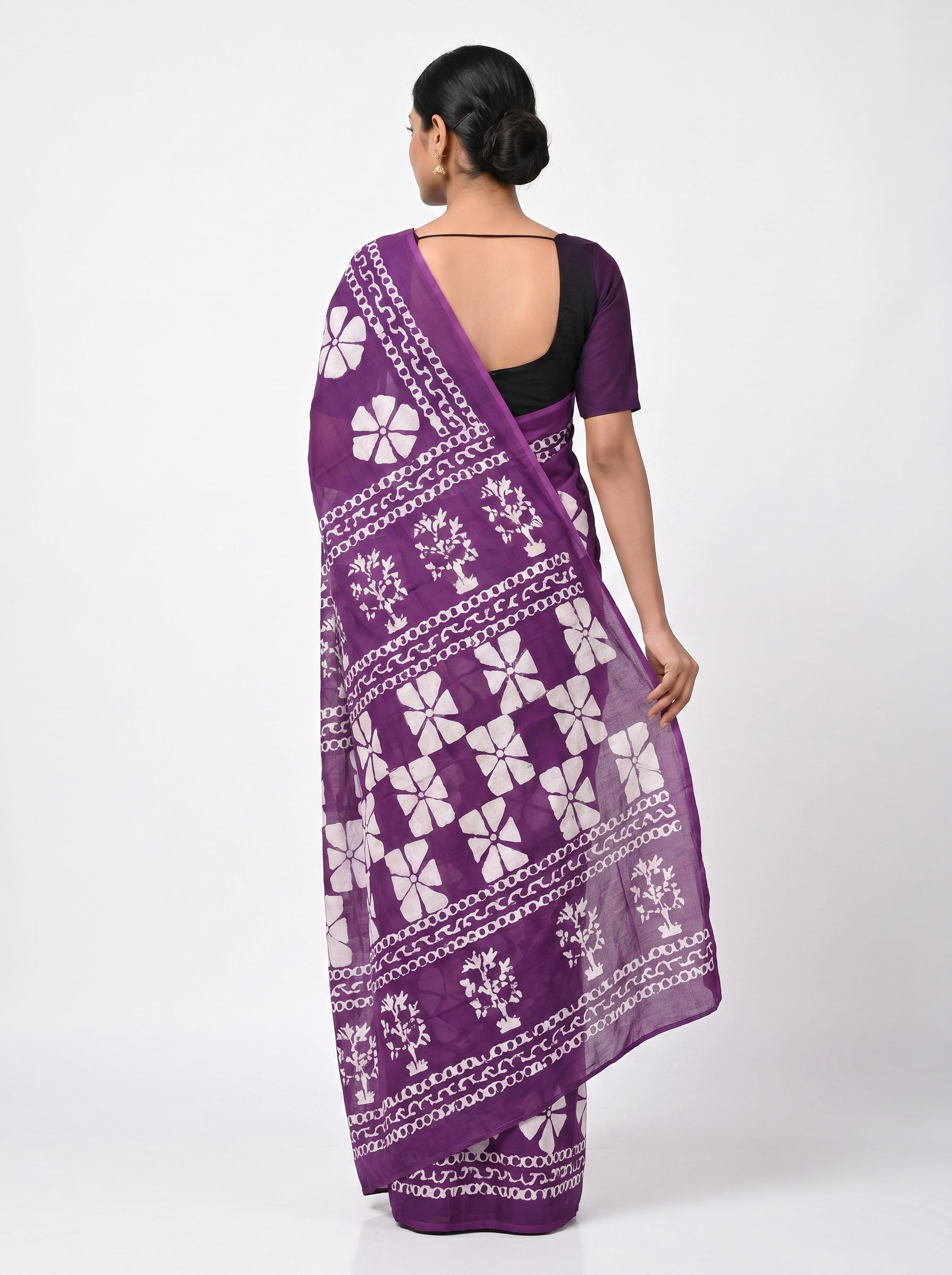 Pure Mulmul Cotton Saree | Fuchsia + Wine Handblock Print | Summer & Office Wear | With Blouse image 3