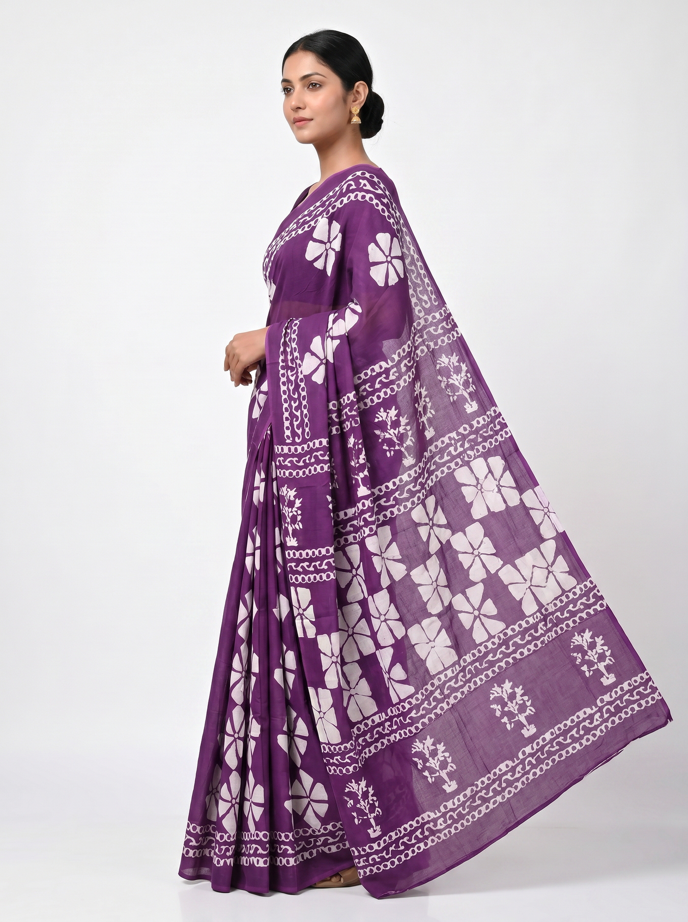 Pure Mulmul Cotton Saree | Fuchsia + Wine Handblock Print | Summer & Office Wear | With Blouse image 4